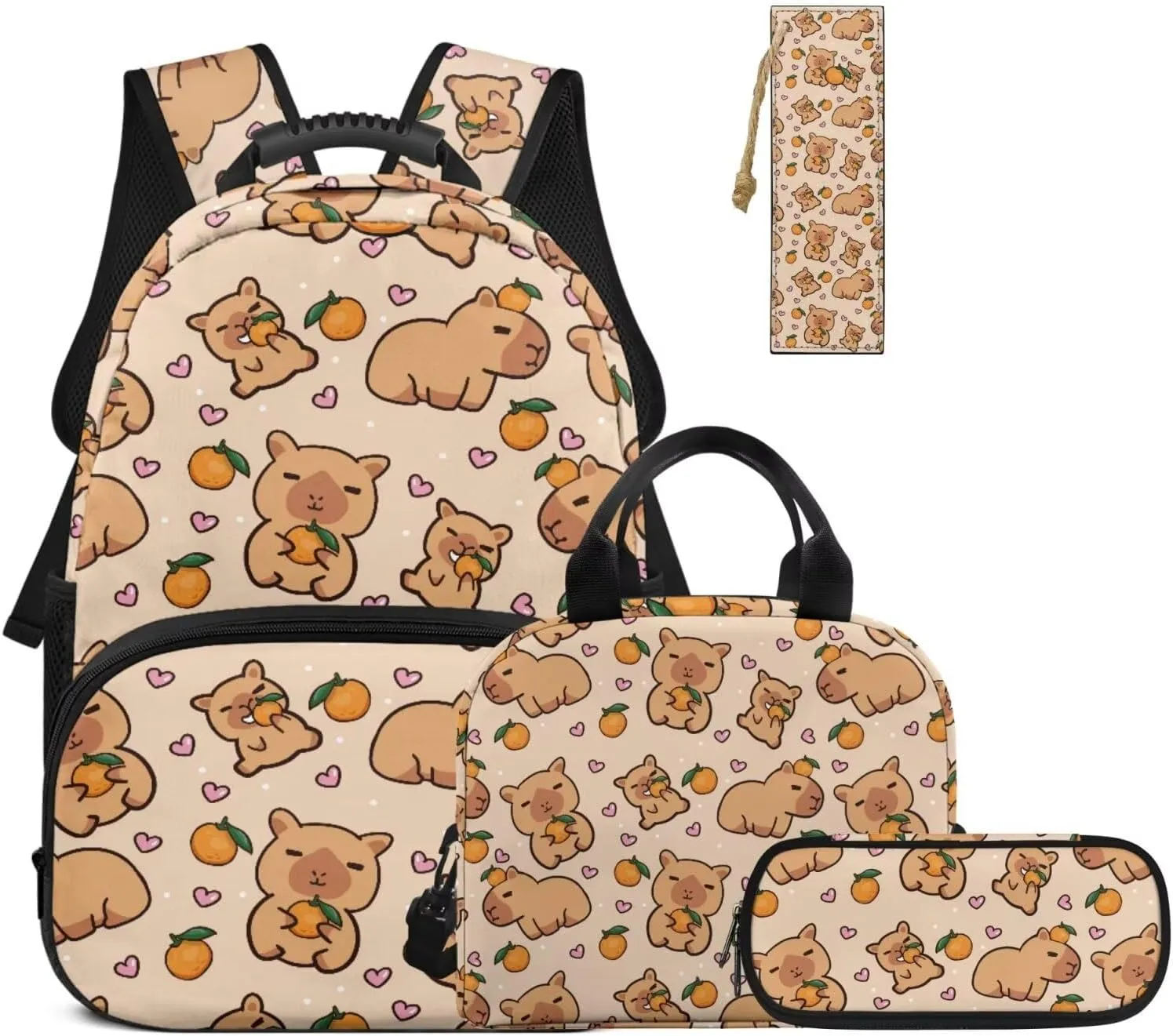 HUGS IDEA Capybara Backpack for Girls Cute Backpack with Lunch Box Set of 4 Pcs Girls School Bag for Elementary Kindergarten Lightweight Kids Bookbag Pencil Case and Leather Bookmark