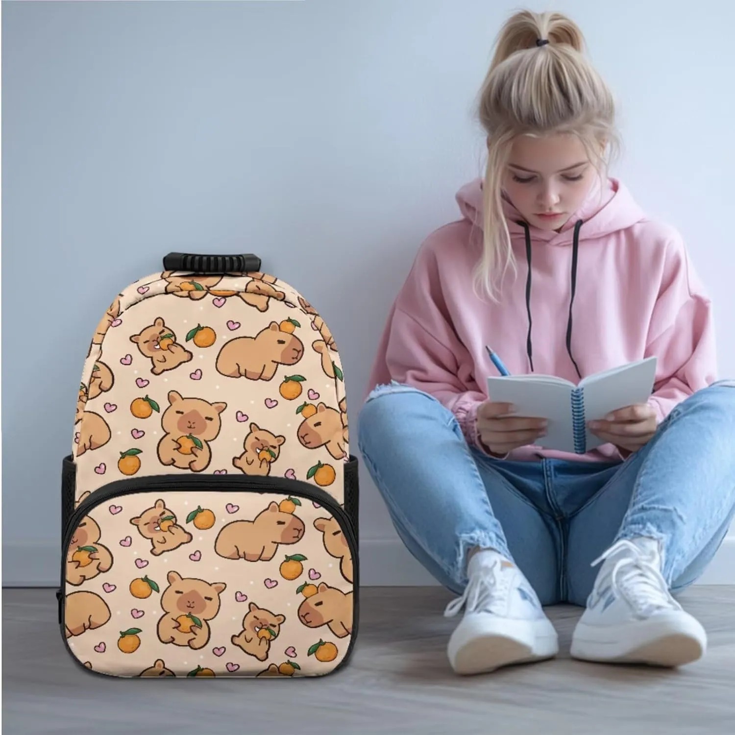 HUGS IDEA Capybara Backpack for Girls Cute Backpack with Lunch Box Set of 4 Pcs Girls School Bag for Elementary Kindergarten Lightweight Kids Bookbag Pencil Case and Leather Bookmark
