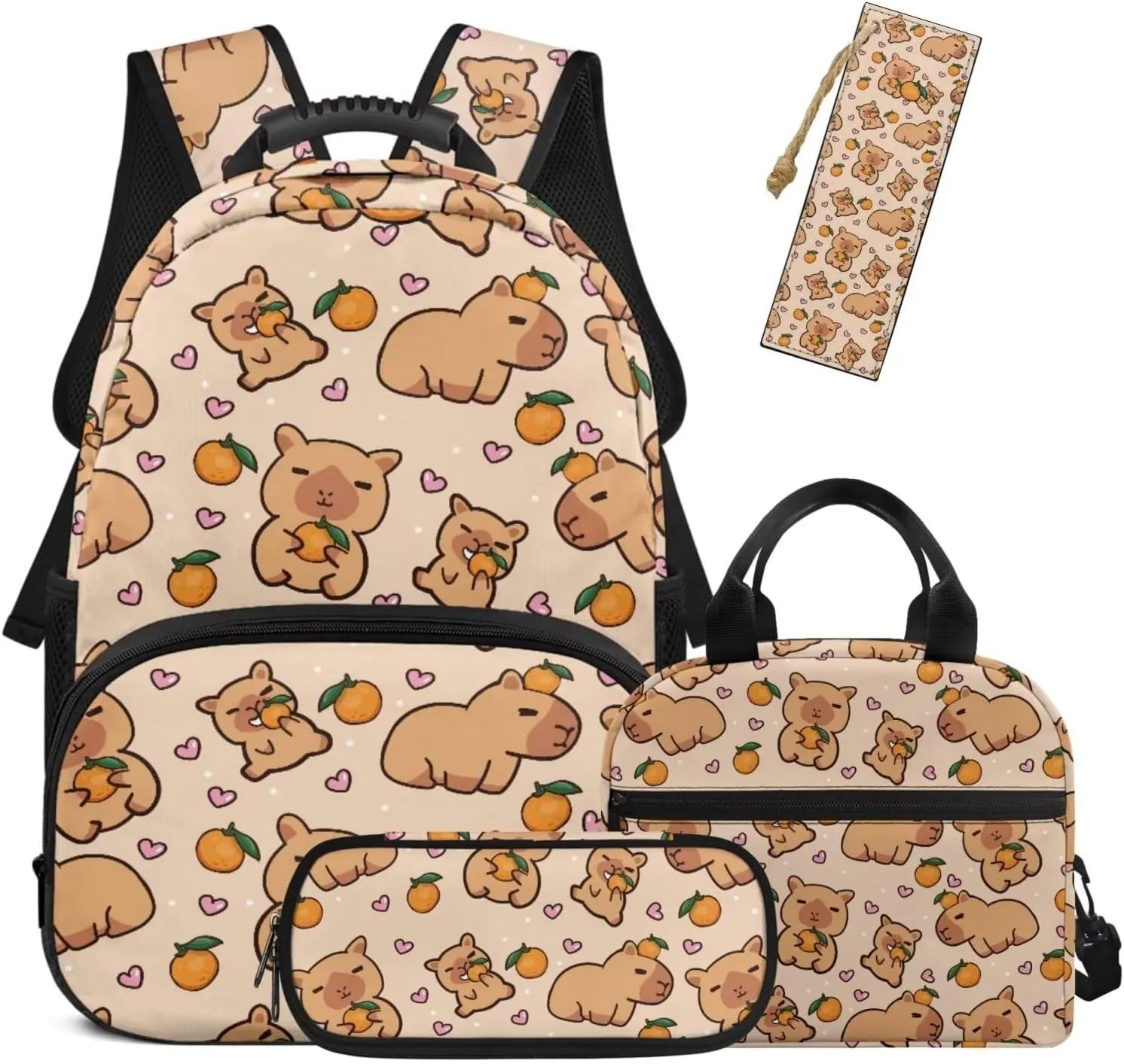 HUGS IDEA Capybara Backpack for Girls Cute Backpack with Lunch Box Set of 4 Pcs Girls School Bag for Elementary Kindergarten Lightweight Kids Bookbag Pencil Case and Leather Bookmark
