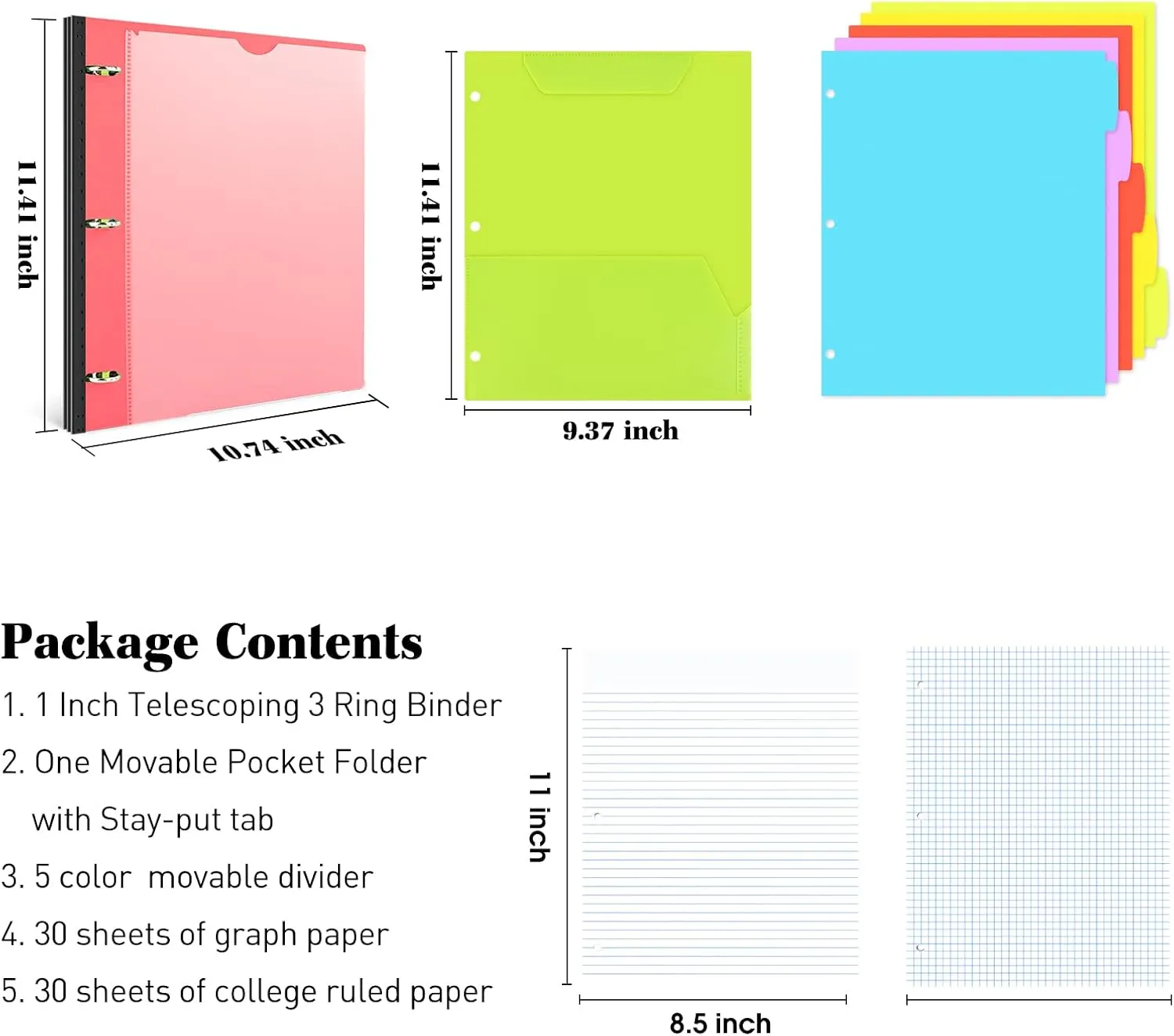 INFUN 1 INCH All-in-one Telescoping Binder Notebook,1 INCH 3 Ring Binder with 1 Plastic Movable Pocket Folder,5 Plastic Subject dividers and Graph Paper and College Ruled Paper, Holds 225 Sheets- Red