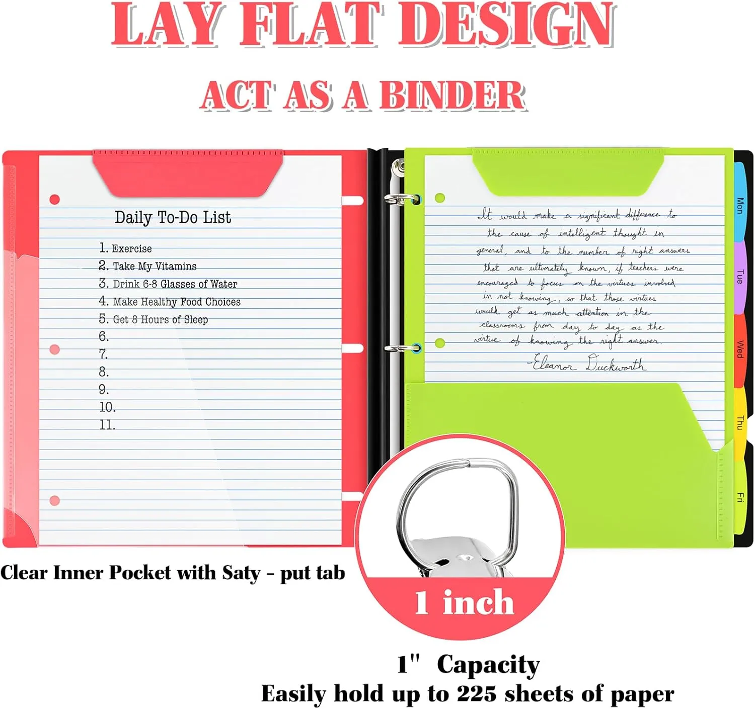 INFUN 1 INCH All-in-one Telescoping Binder Notebook,1 INCH 3 Ring Binder with 1 Plastic Movable Pocket Folder,5 Plastic Subject dividers and Graph Paper and College Ruled Paper, Holds 225 Sheets- Red