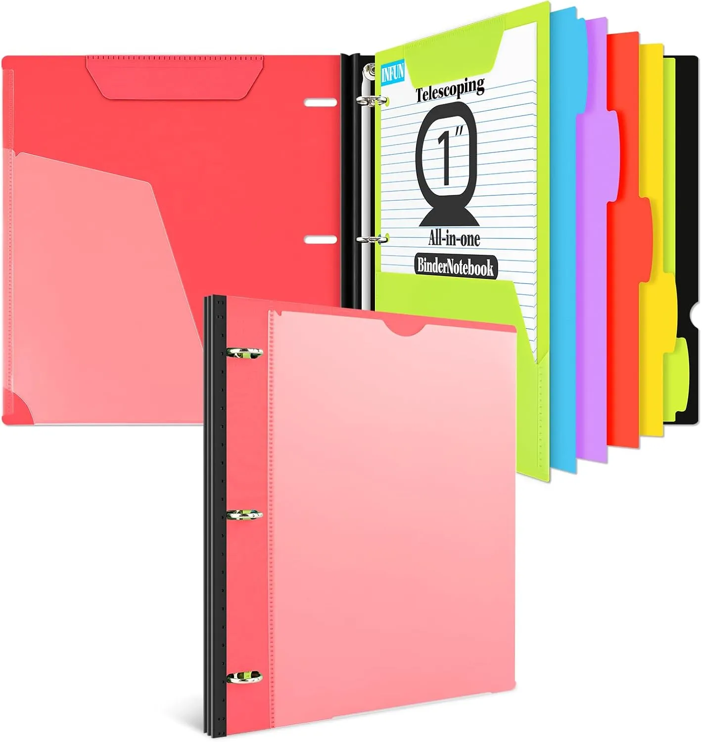 INFUN 1 INCH All-in-one Telescoping Binder Notebook,1 INCH 3 Ring Binder with 1 Plastic Movable Pocket Folder,5 Plastic Subject dividers and Graph Paper and College Ruled Paper, Holds 225 Sheets- Red