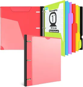 INFUN 1 INCH All-in-one Telescoping Binder Notebook,1 INCH 3 Ring Binder with 1 Plastic Movable Pocket Folder,5 Plastic Subject dividers and Graph Paper and College Ruled Paper, Holds 225 Sheets- Red