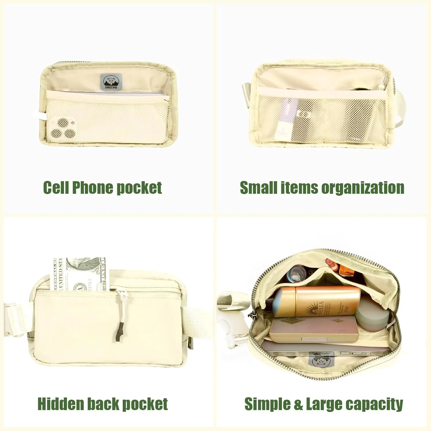 INTINI Everywhere Belt Bag  Small, Slim, and Stylish Mini Crossbody Fanny Pack for Women 50 Inch Waist (S - Beige)