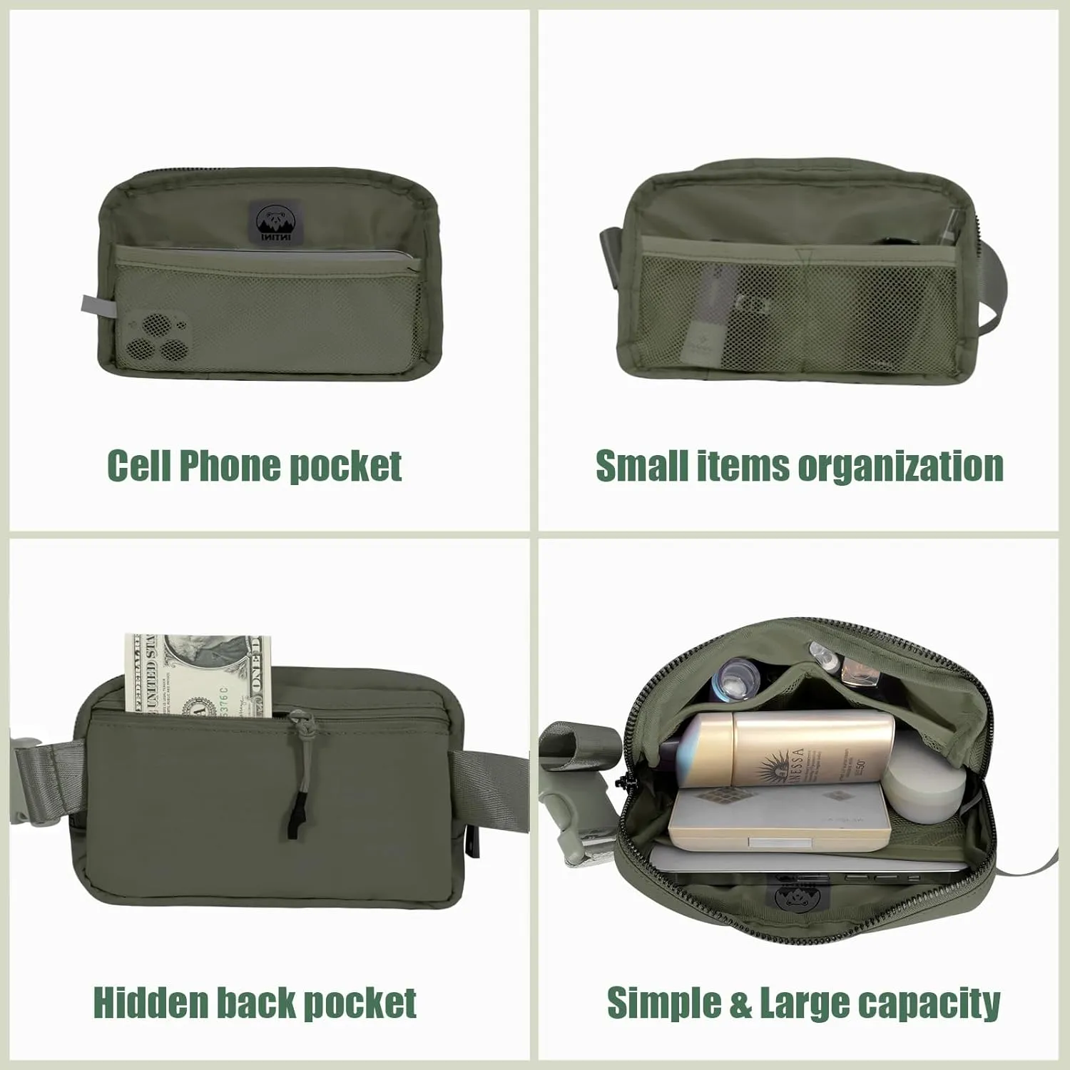 INTINI Everywhere Belt Bag  Small, Slim, and Stylish Mini Crossbody Fanny Pack for Women 50 Inch Waist (S - Olive Green)