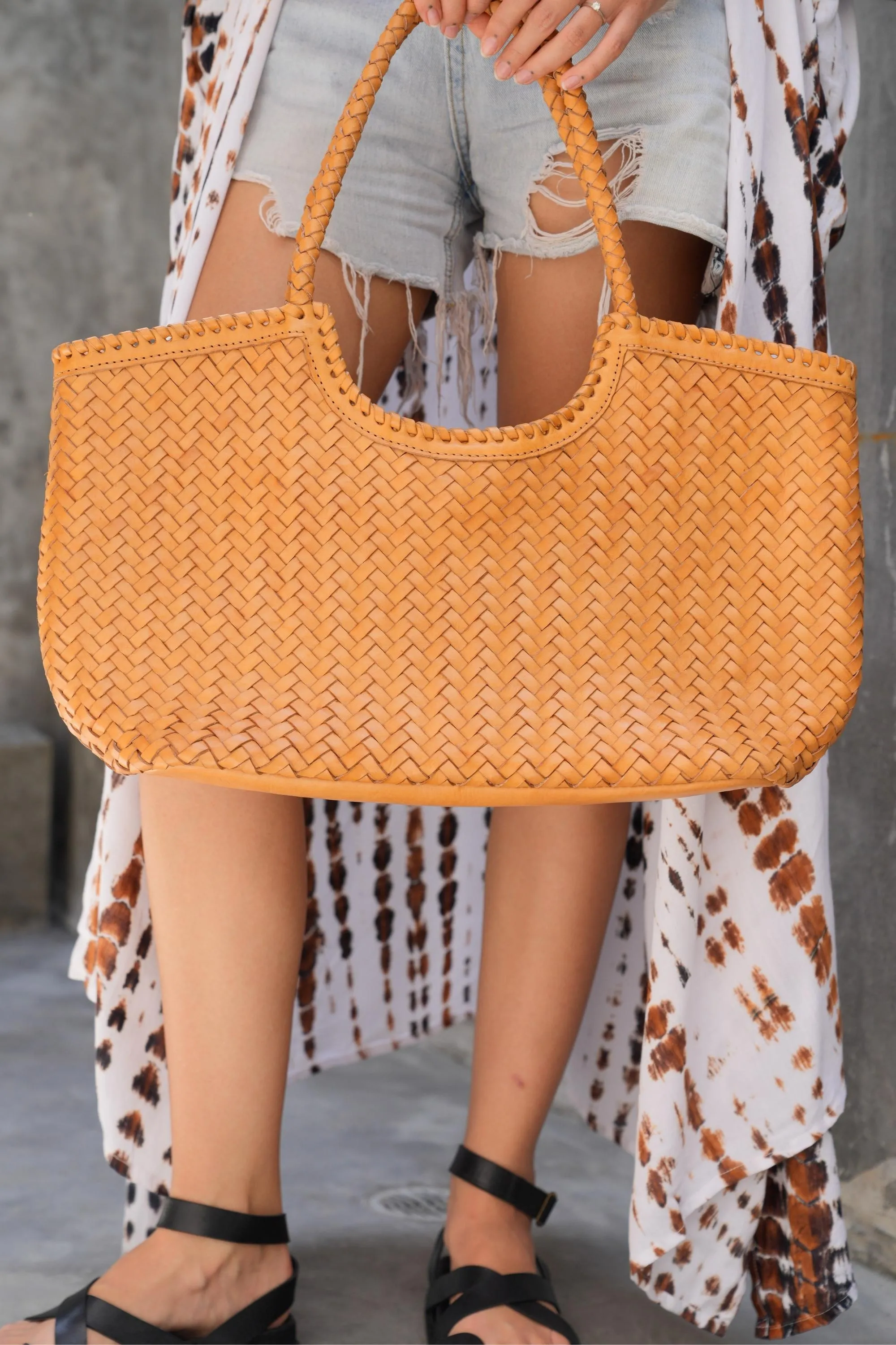 Jolene Handwoven Leather Tote in Tan