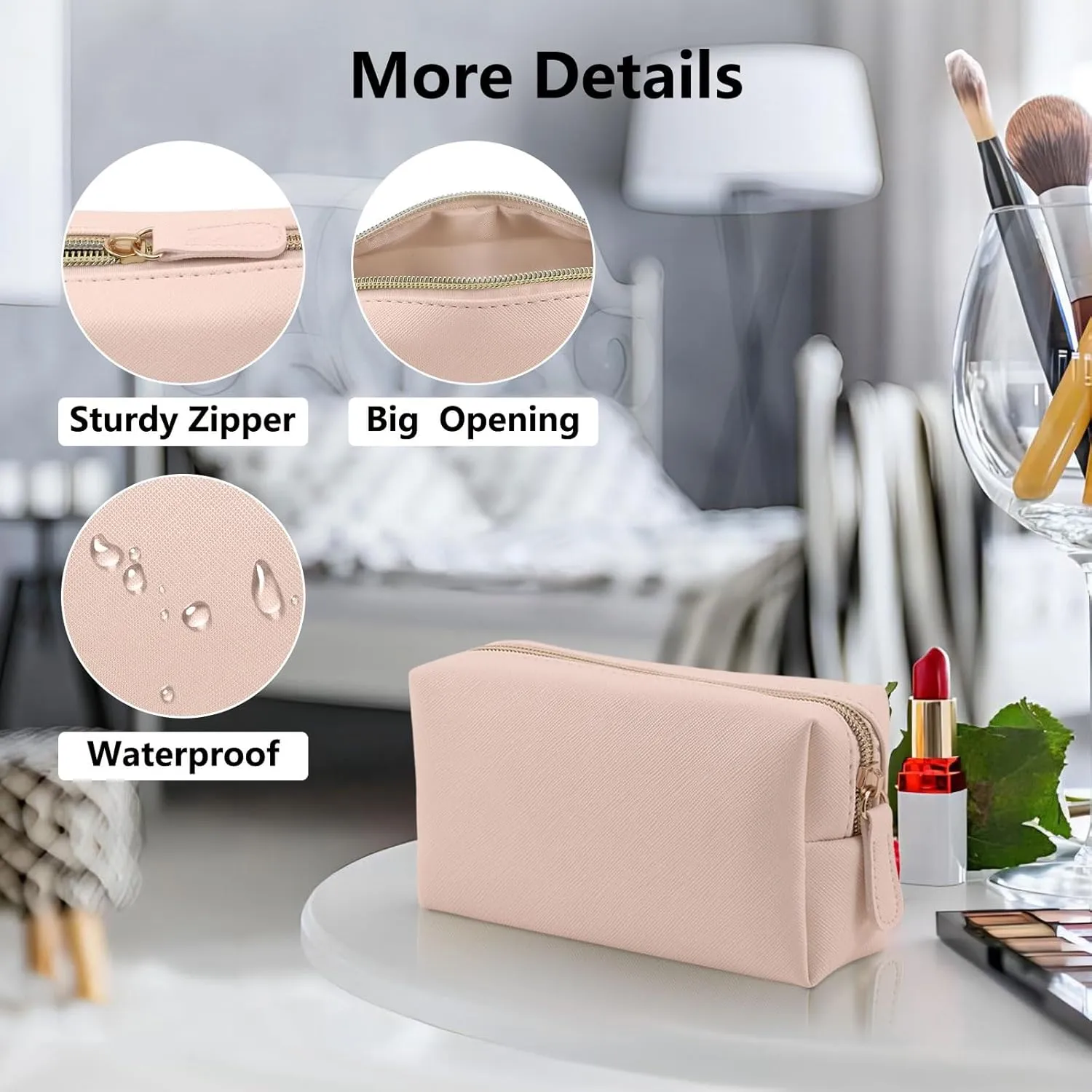 Leather Makeup Bag for Purse Travel, Portable Small Cosmetic Organizer for Women and Girls, Make up Bag with Zipper