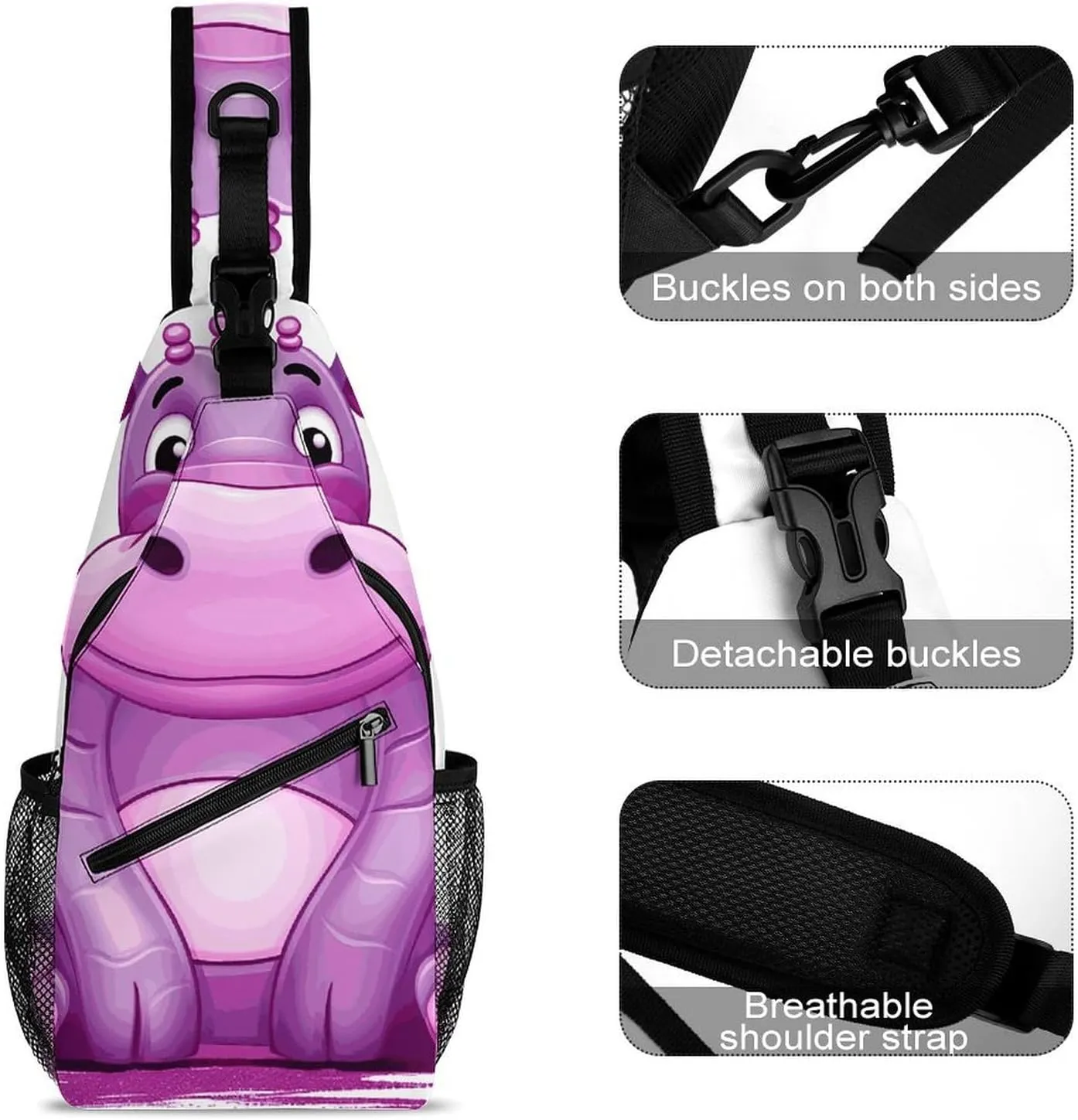 Lightweight Chest Bag Crossbody Bag Cartoon Purple Hippo Sling Backpack for Women Men Sports Travel