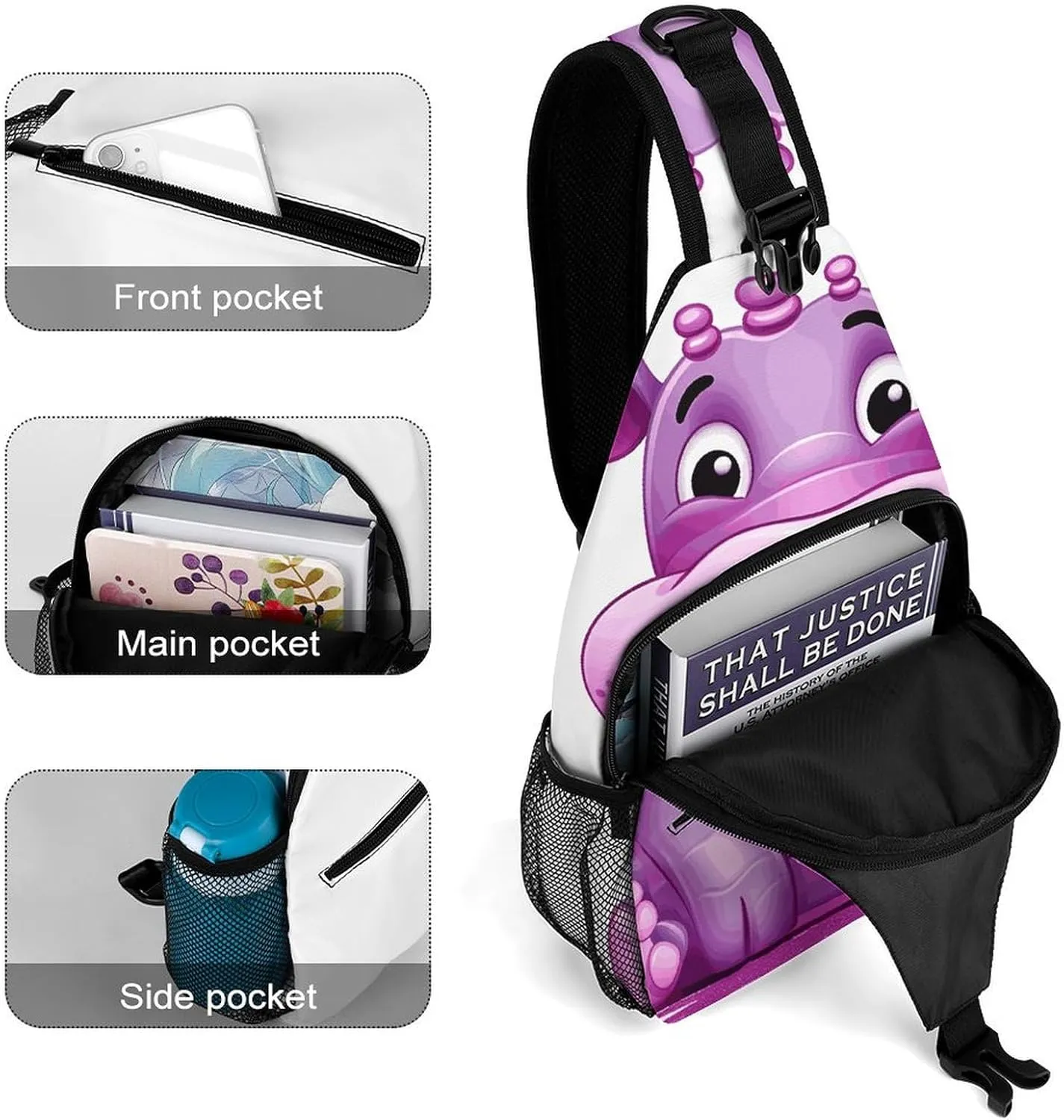 Lightweight Chest Bag Crossbody Bag Cartoon Purple Hippo Sling Backpack for Women Men Sports Travel