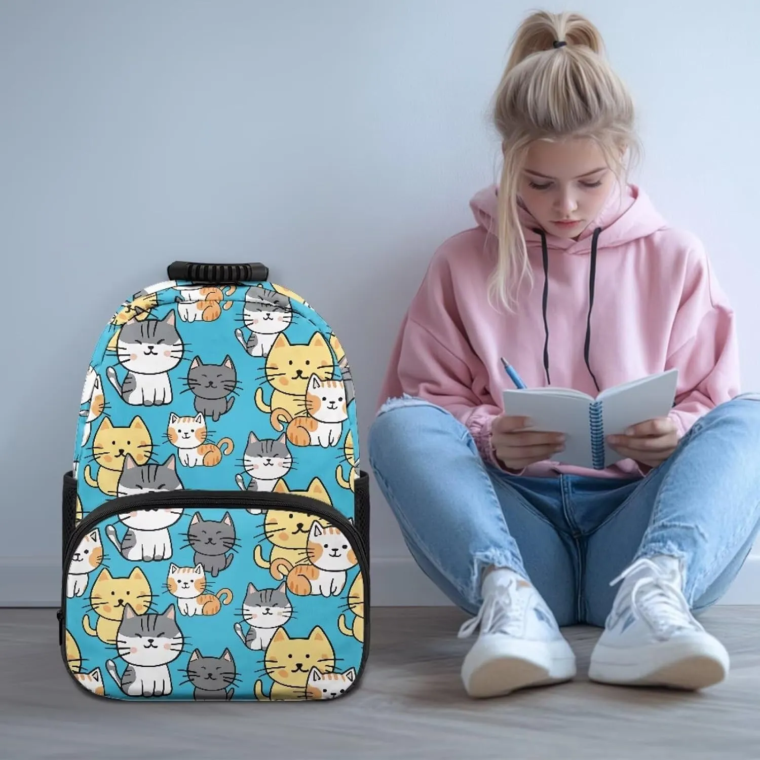 Lightweight Laptop Backpack for Daily Use - Cartoon Cute Kitten Print School Bagpack with Two Side Water Bottle Pockets, Adjustable Shoulder Straps and Breathable Back(17.3x12.2x5.9in)