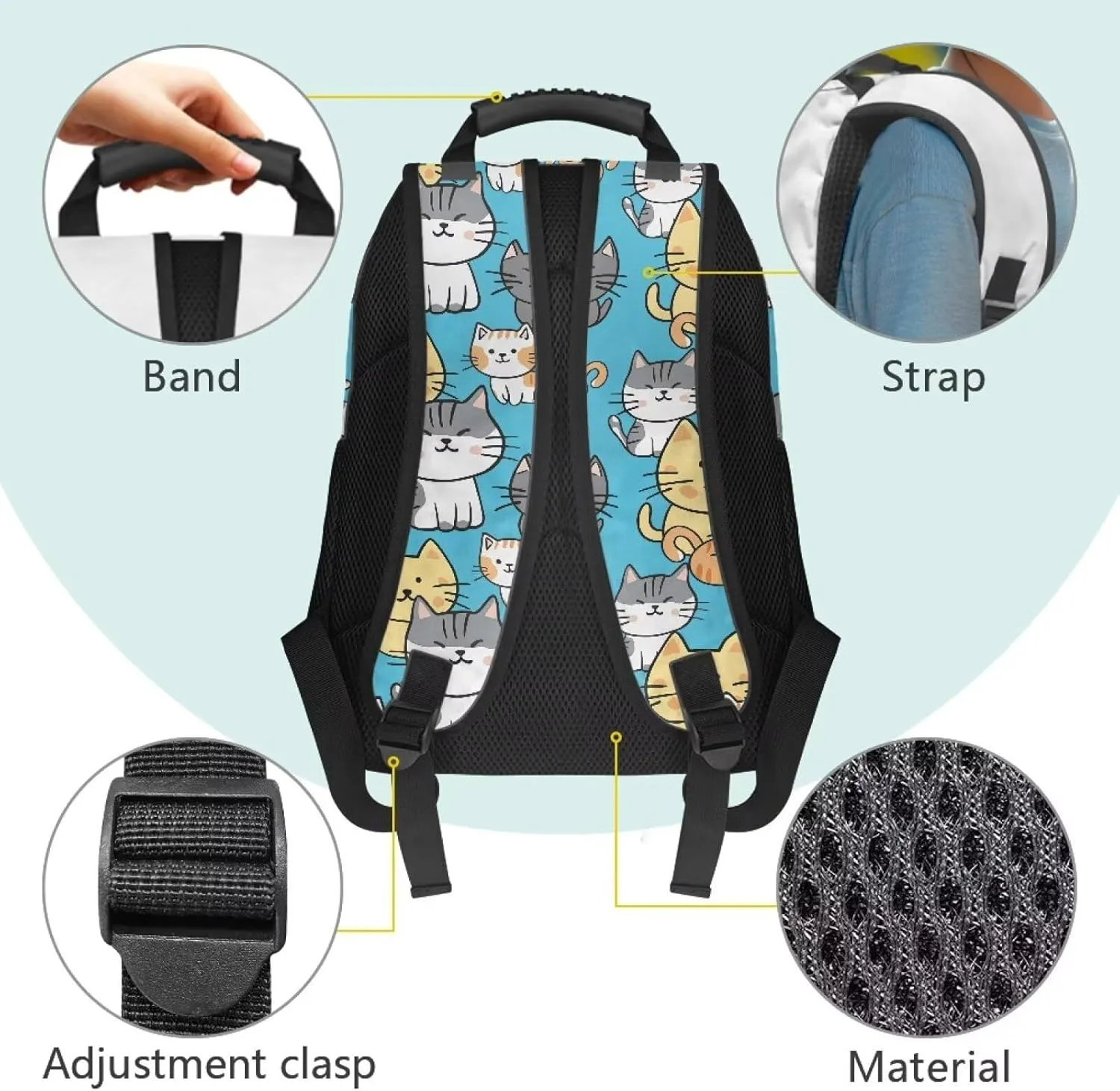 Lightweight Laptop Backpack for Daily Use - Cartoon Cute Kitten Print School Bagpack with Two Side Water Bottle Pockets, Adjustable Shoulder Straps and Breathable Back(17.3x12.2x5.9in)