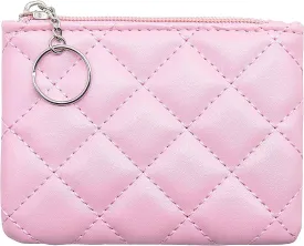 LJCZKA Coin Purse for Women Quilted Leather Mini Pouch Card Holder Top Zipper Coin Wallet Makeup Bag with Keychain (Pink)