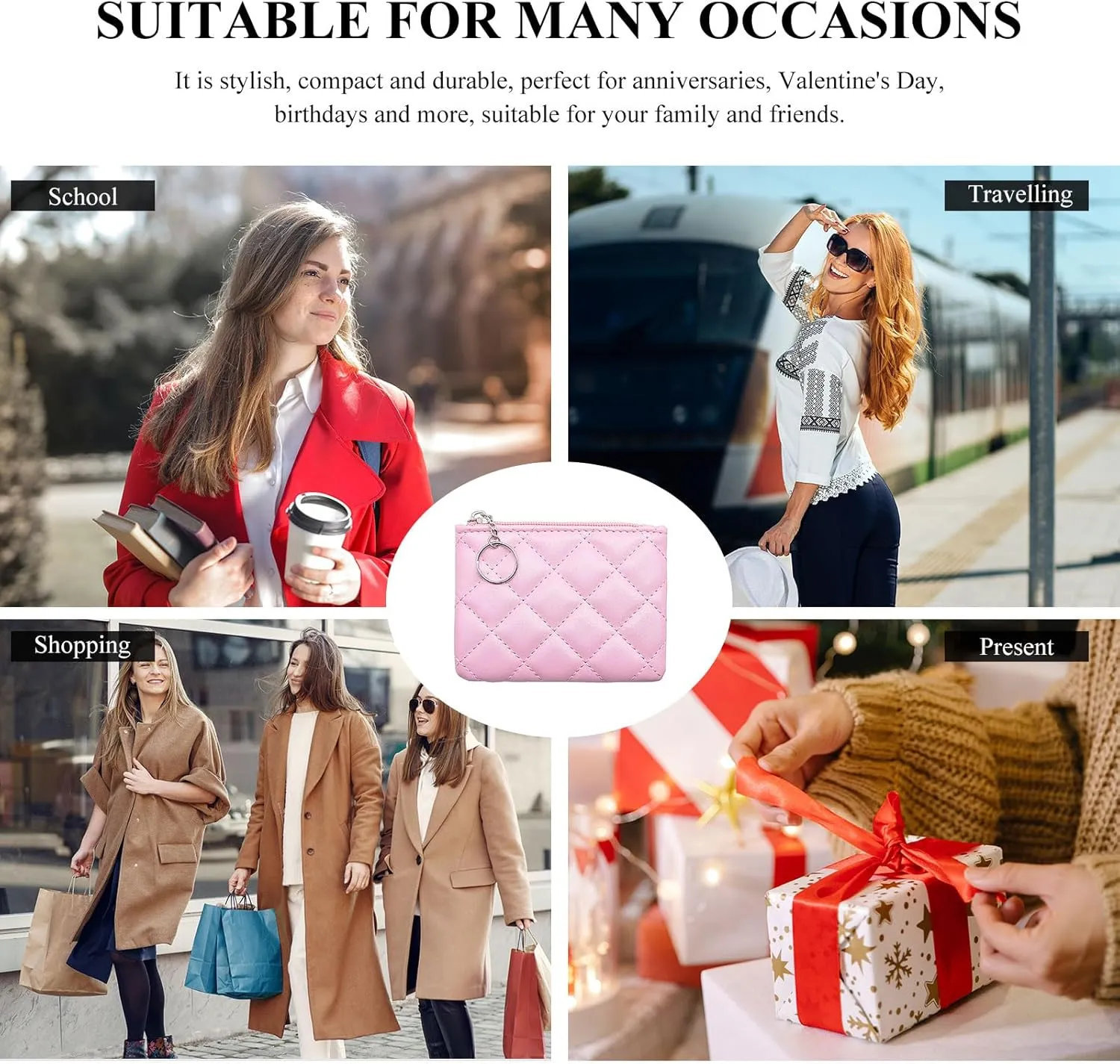 LJCZKA Coin Purse for Women Quilted Leather Mini Pouch Card Holder Top Zipper Coin Wallet Makeup Bag with Keychain (Pink)
