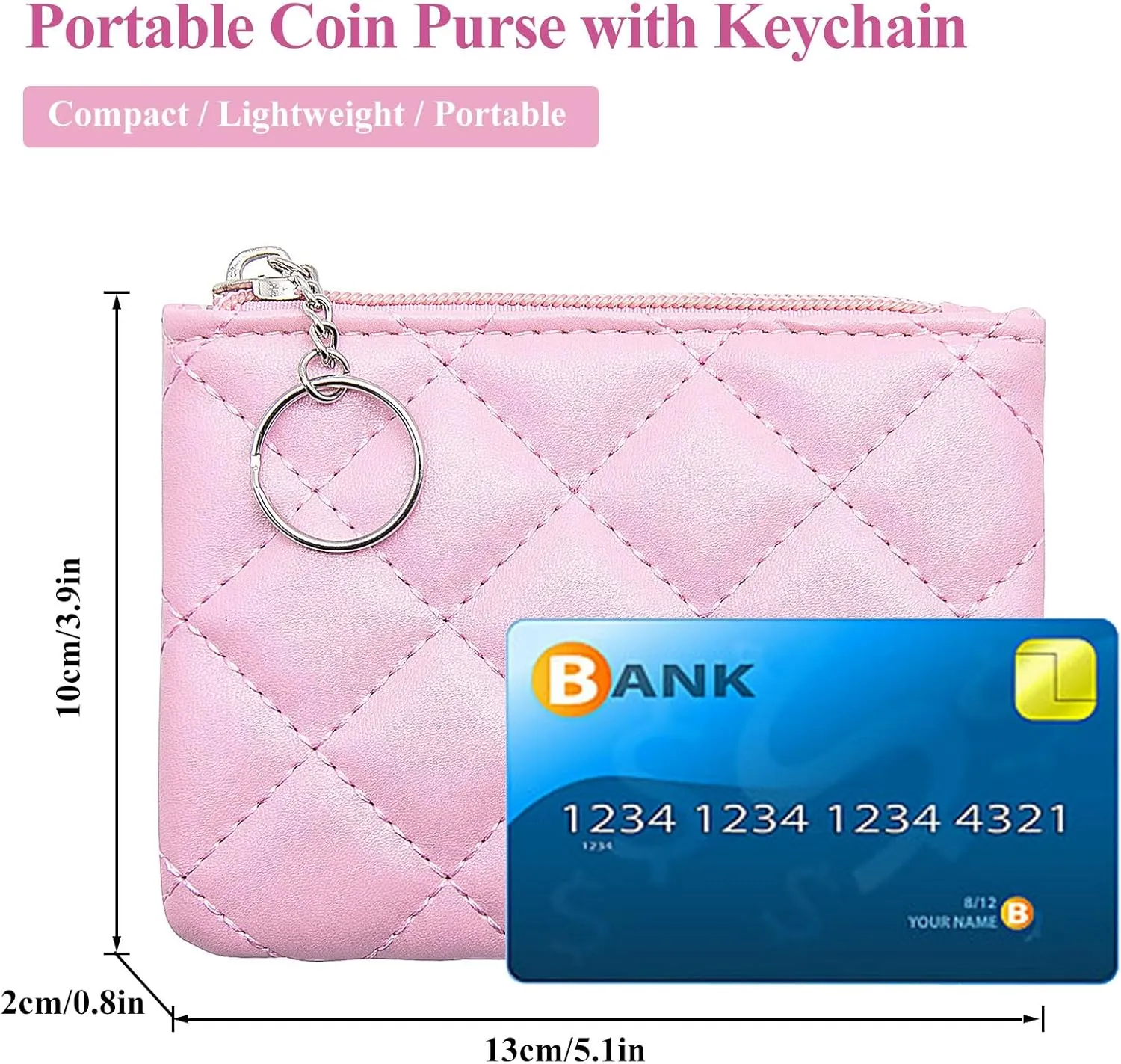 LJCZKA Coin Purse for Women Quilted Leather Mini Pouch Card Holder Top Zipper Coin Wallet Makeup Bag with Keychain (Pink)