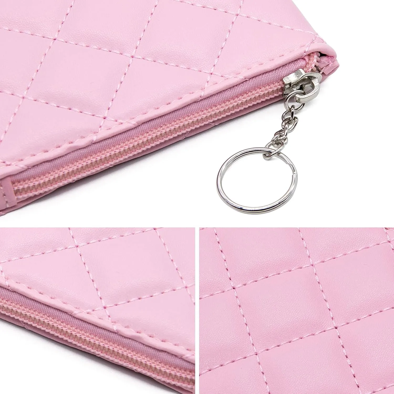 LJCZKA Coin Purse for Women Quilted Leather Mini Pouch Card Holder Top Zipper Coin Wallet Makeup Bag with Keychain (Pink)