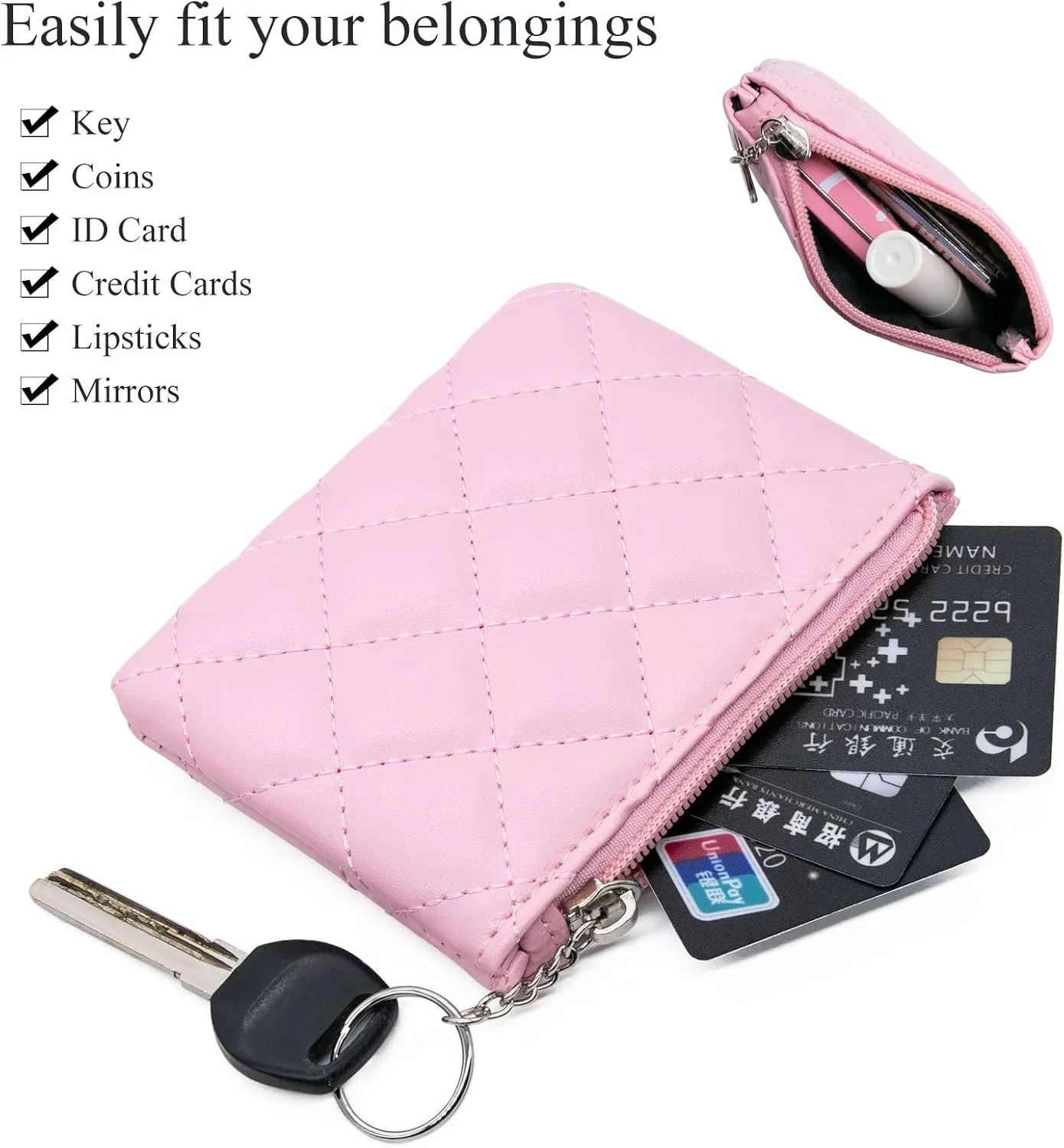 LJCZKA Coin Purse for Women Quilted Leather Mini Pouch Card Holder Top Zipper Coin Wallet Makeup Bag with Keychain (Pink)