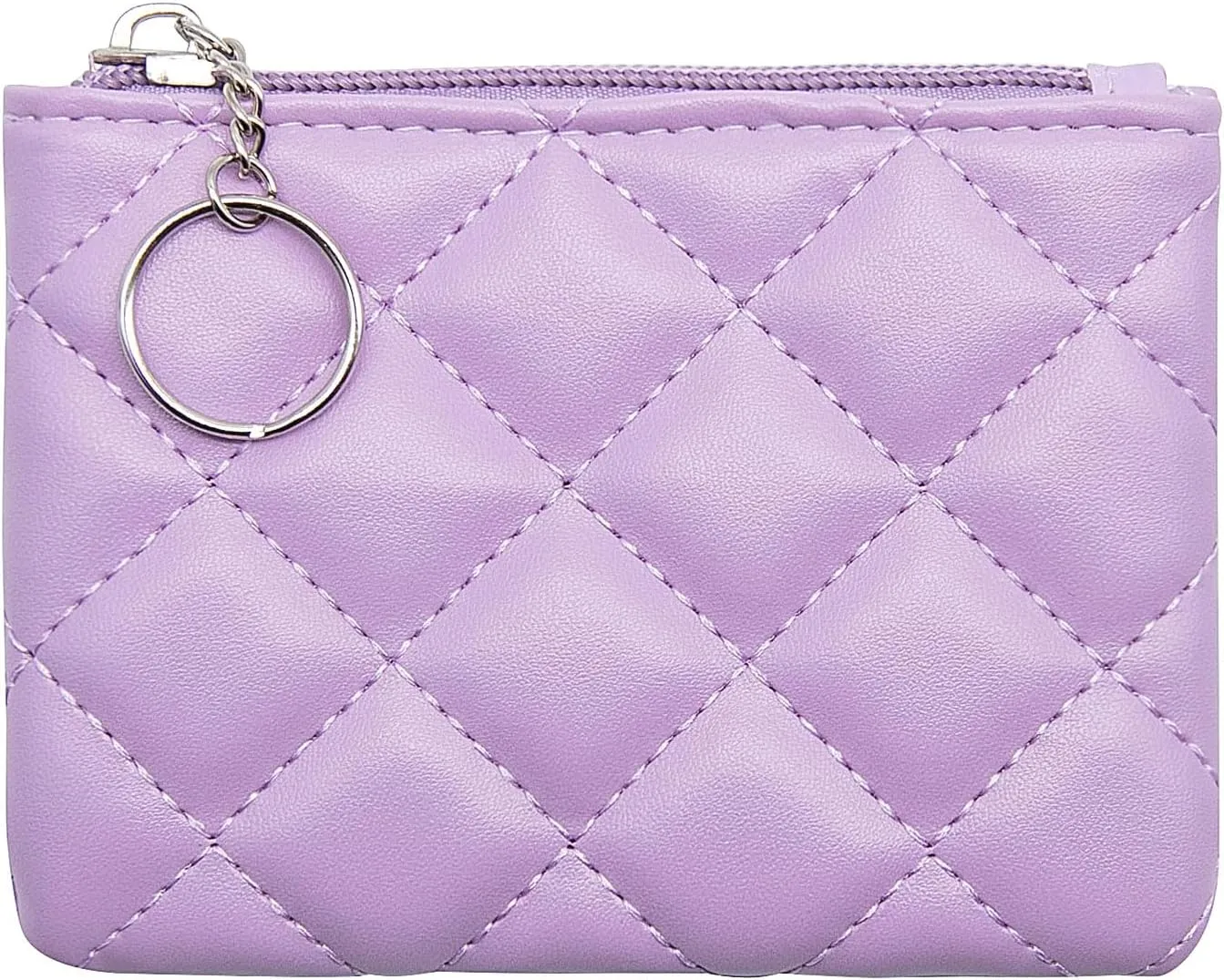 LJCZKA Coin Purse for Women Quilted Leather Mini Pouch Card Holder Top Zipper Coin Wallet Makeup Bag with Keychain (Purple)