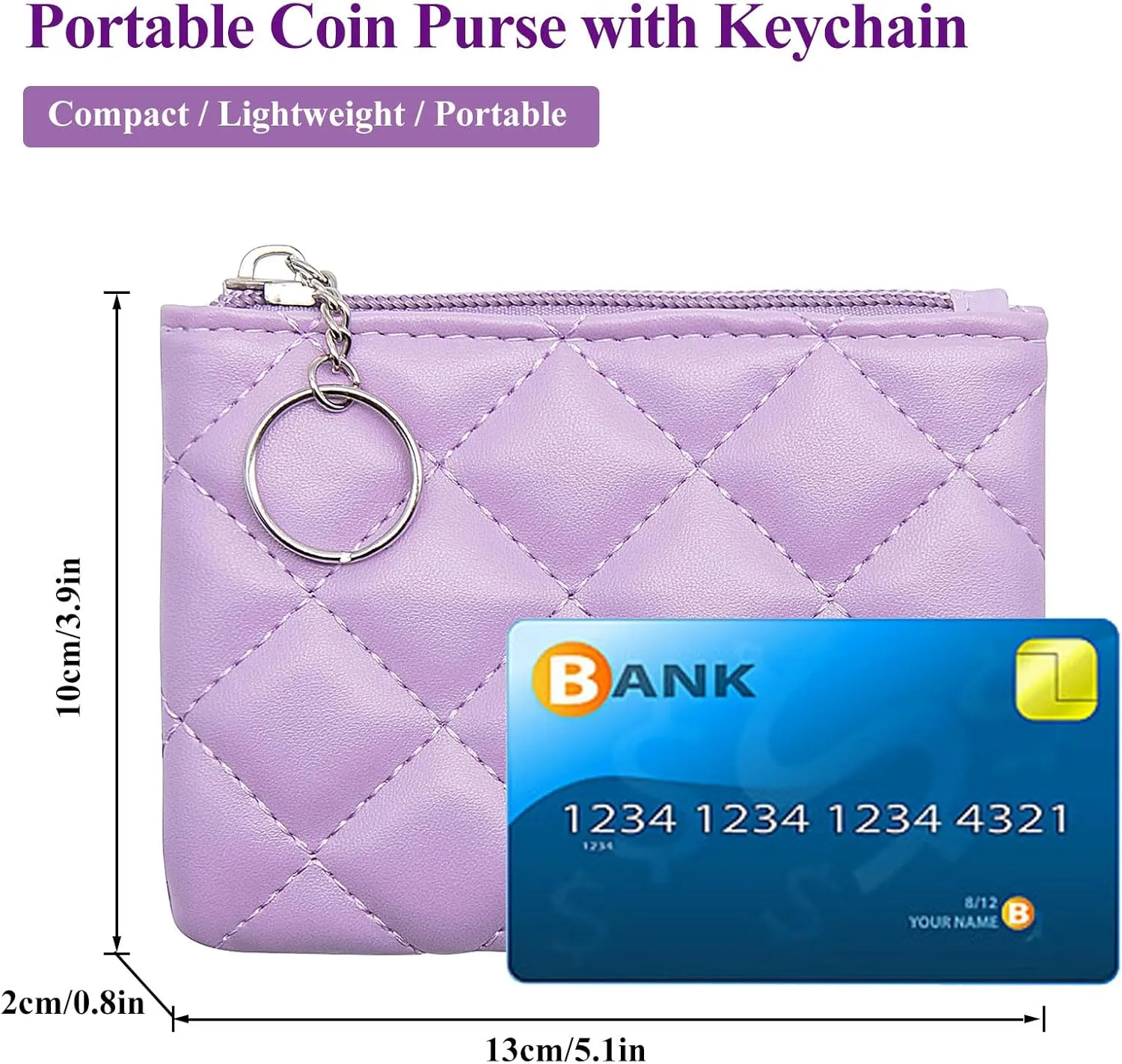 LJCZKA Coin Purse for Women Quilted Leather Mini Pouch Card Holder Top Zipper Coin Wallet Makeup Bag with Keychain (Purple)