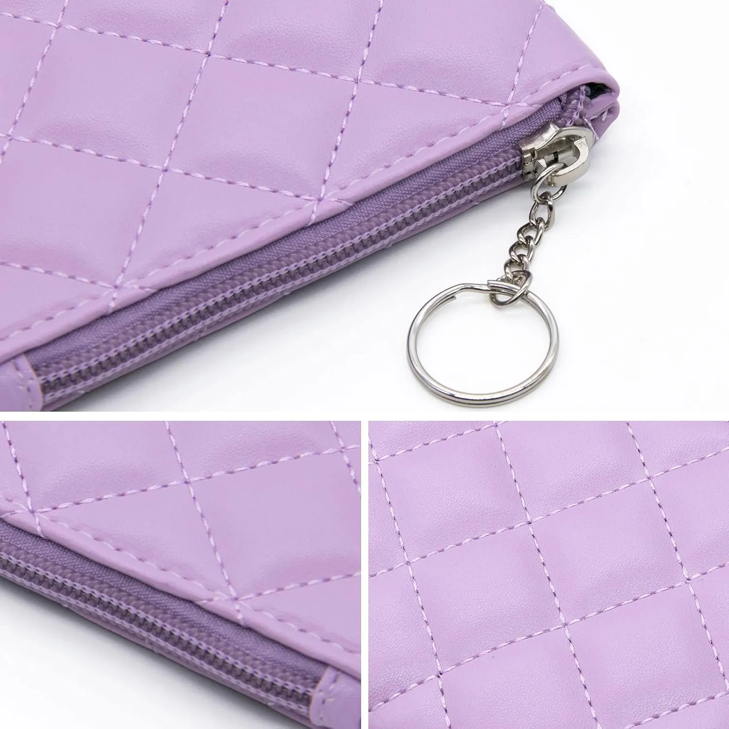 LJCZKA Coin Purse for Women Quilted Leather Mini Pouch Card Holder Top Zipper Coin Wallet Makeup Bag with Keychain (Purple)
