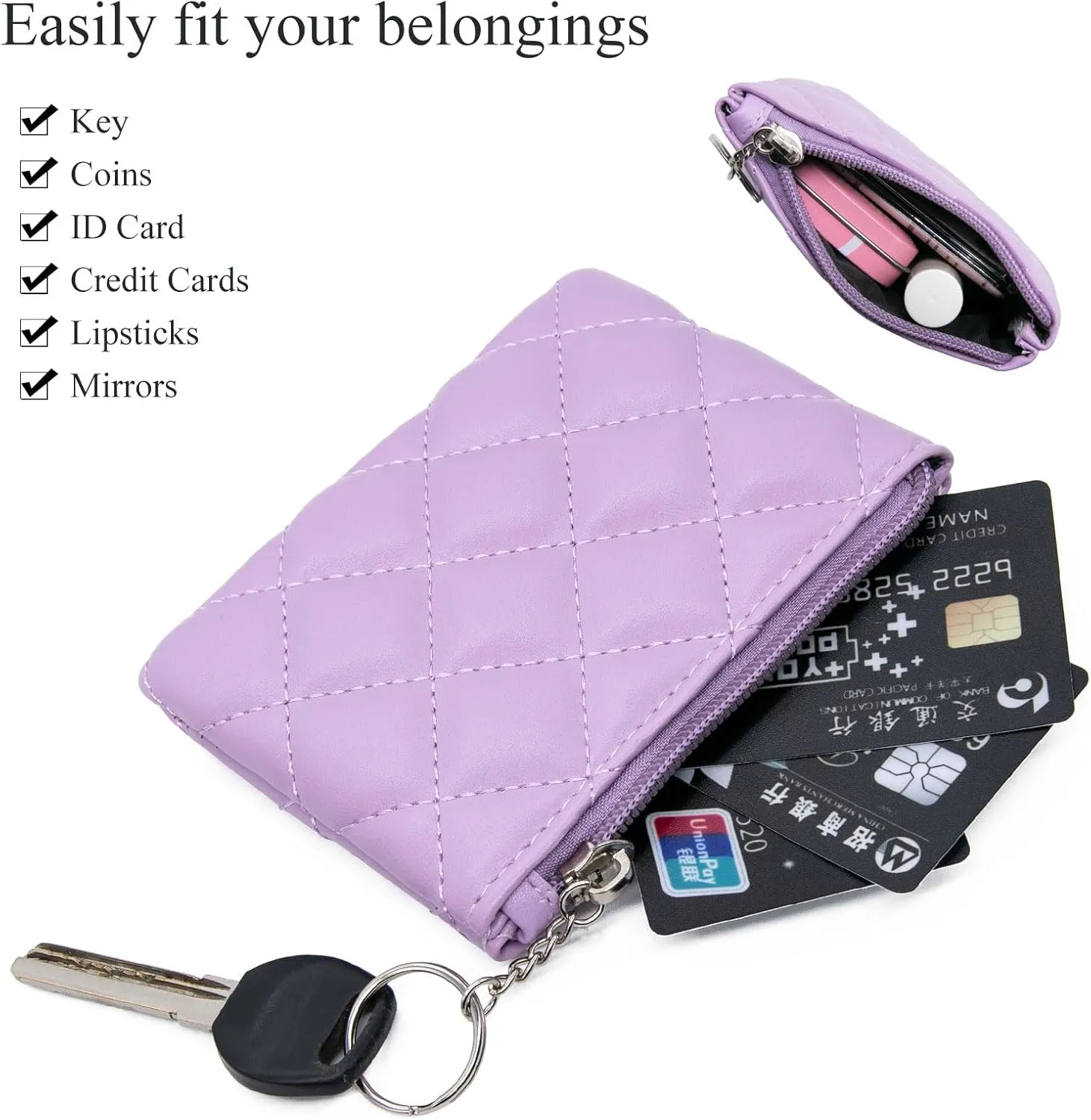 LJCZKA Coin Purse for Women Quilted Leather Mini Pouch Card Holder Top Zipper Coin Wallet Makeup Bag with Keychain (Purple)
