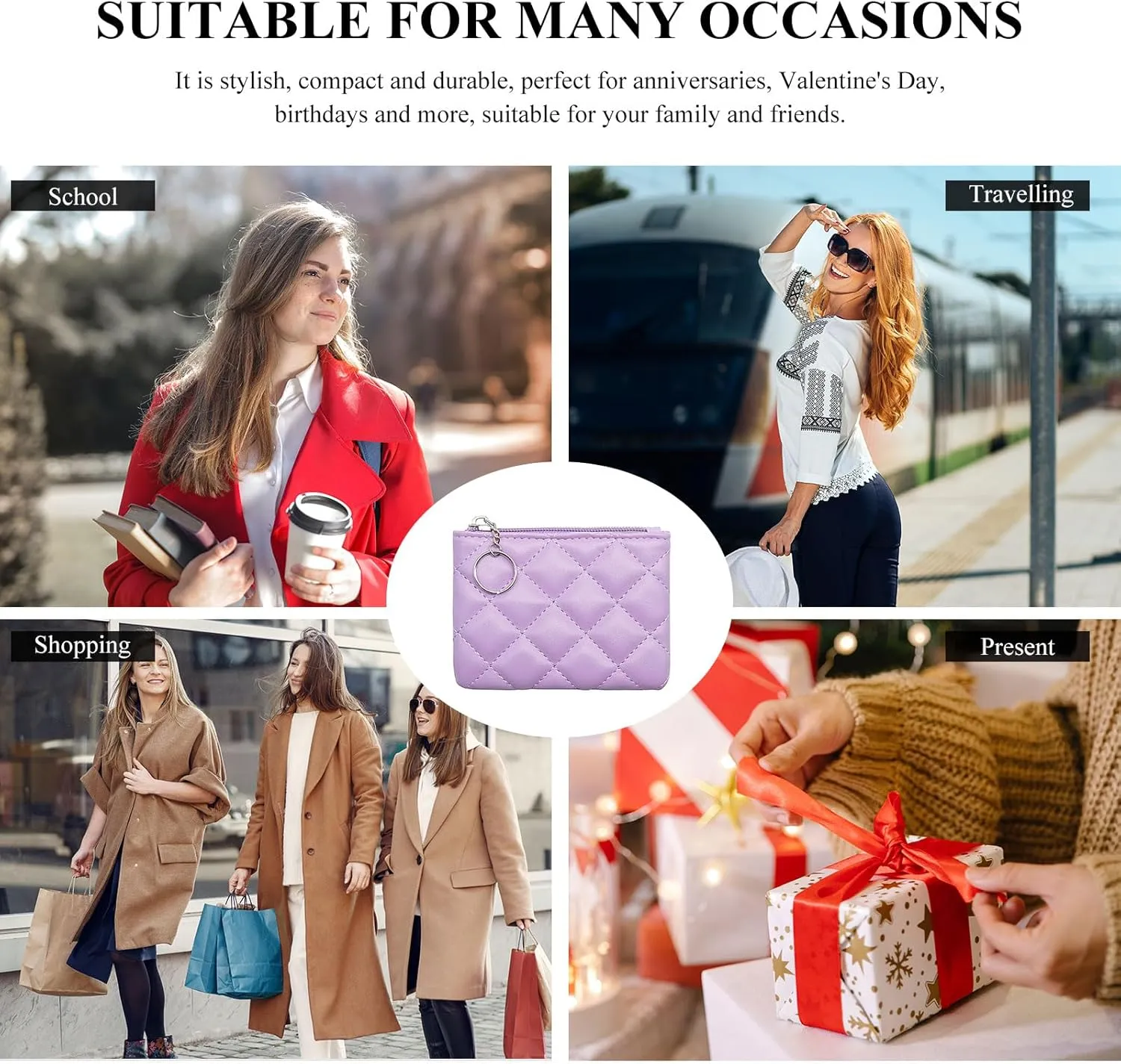 LJCZKA Coin Purse for Women Quilted Leather Mini Pouch Card Holder Top Zipper Coin Wallet Makeup Bag with Keychain (Purple)