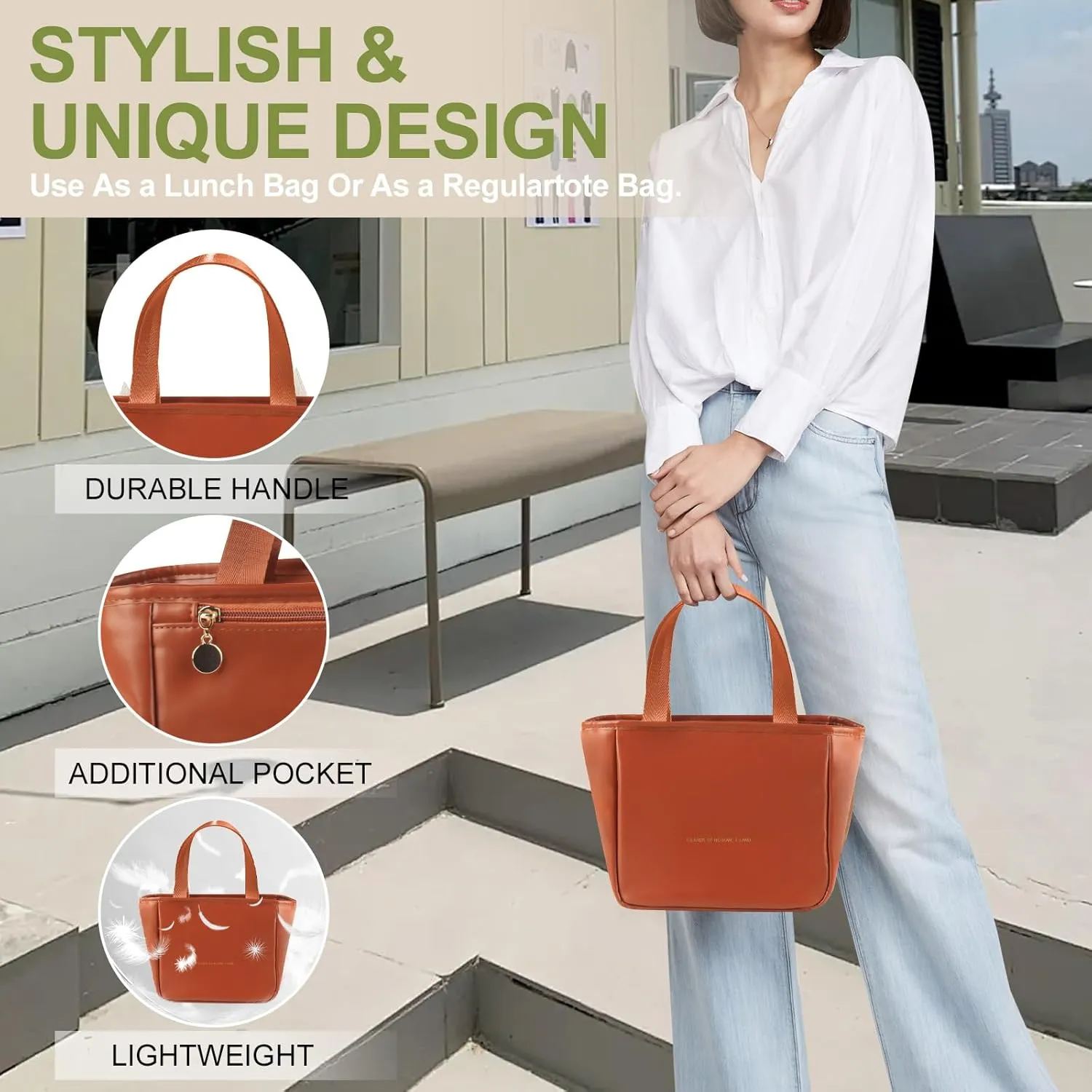 Lunch Box for Women, Lunch Bag for Women Simple Reusable Insulated Lunch Tote Bag Cute Cooler Food Storage Bags for Work, Office or Picnic (Brown)