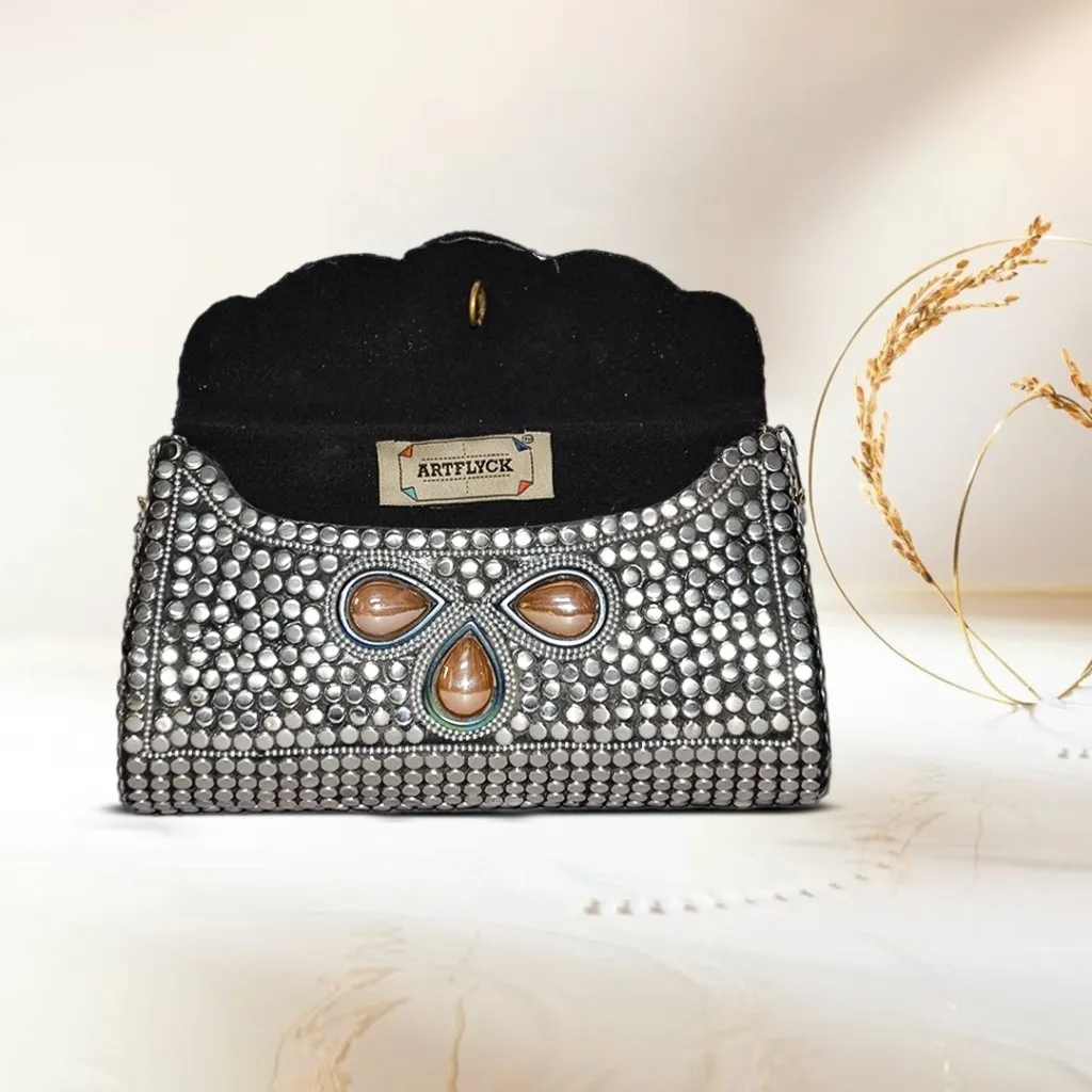 Mosaic Designer Metal Clutch | Silver