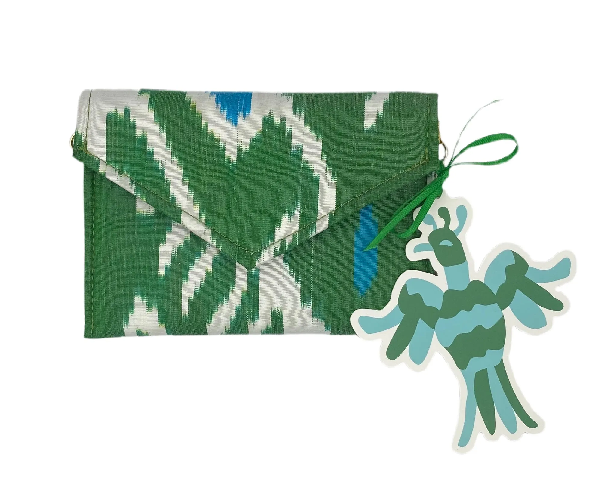 Newcomb Silk Ikat Stadium Clutch - Green, White, Teal