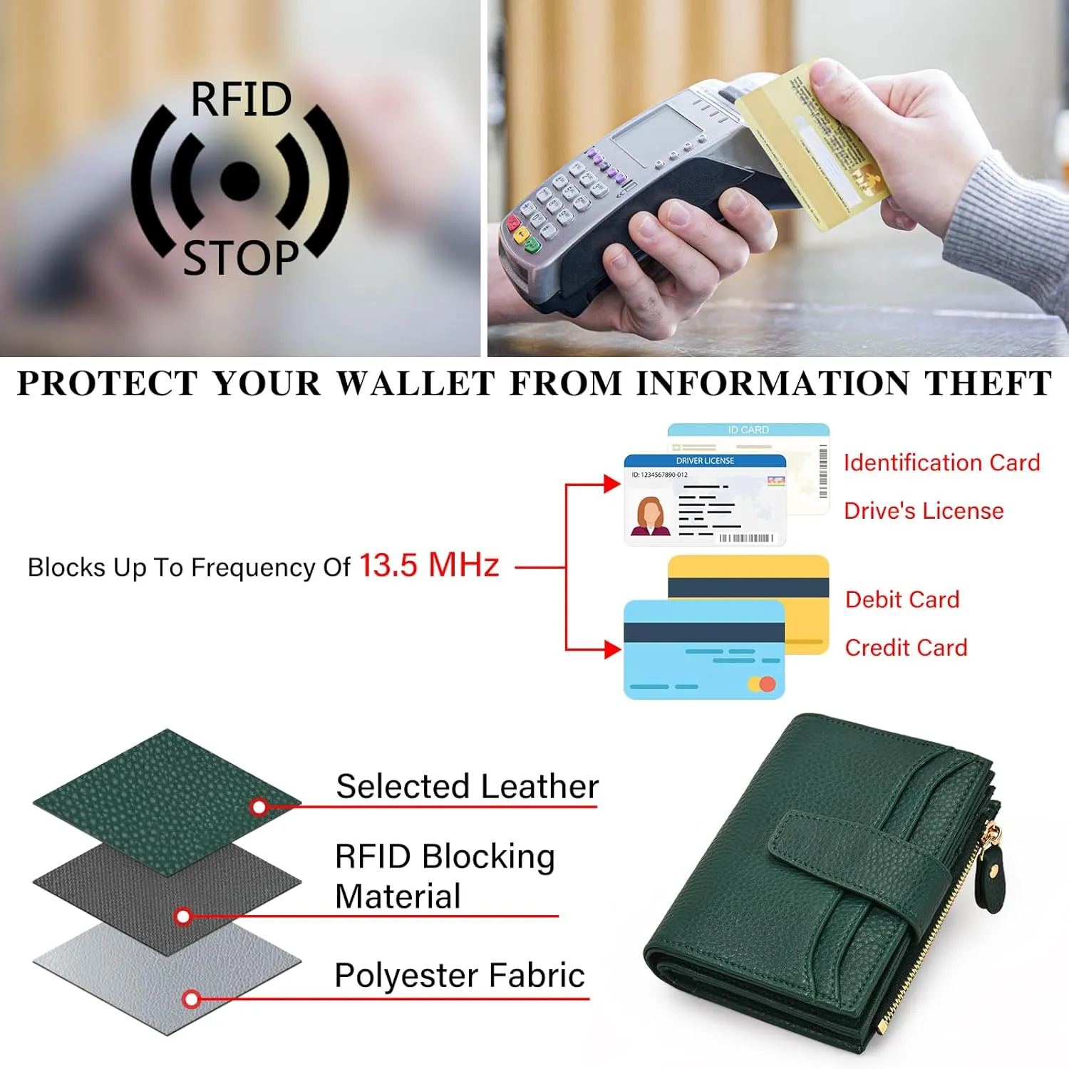 oscaurt Small Wallet Women RFID Blocking Bifold Compact Credit Card Holder Leather Wallets for Women with Zipper Coin Pocket and 2 ID Window (Deep Green)