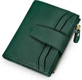 oscaurt Small Wallet Women RFID Blocking Bifold Compact Credit Card Holder Leather Wallets for Women with Zipper Coin Pocket and 2 ID Window (Deep Green)