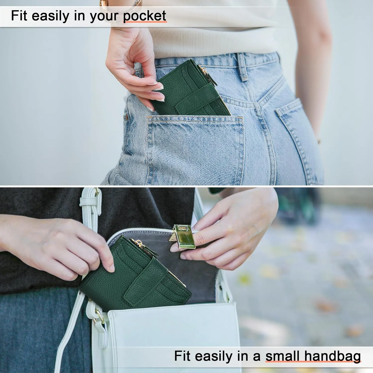 oscaurt Small Wallet Women RFID Blocking Bifold Compact Credit Card Holder Leather Wallets for Women with Zipper Coin Pocket and 2 ID Window (Deep Green)