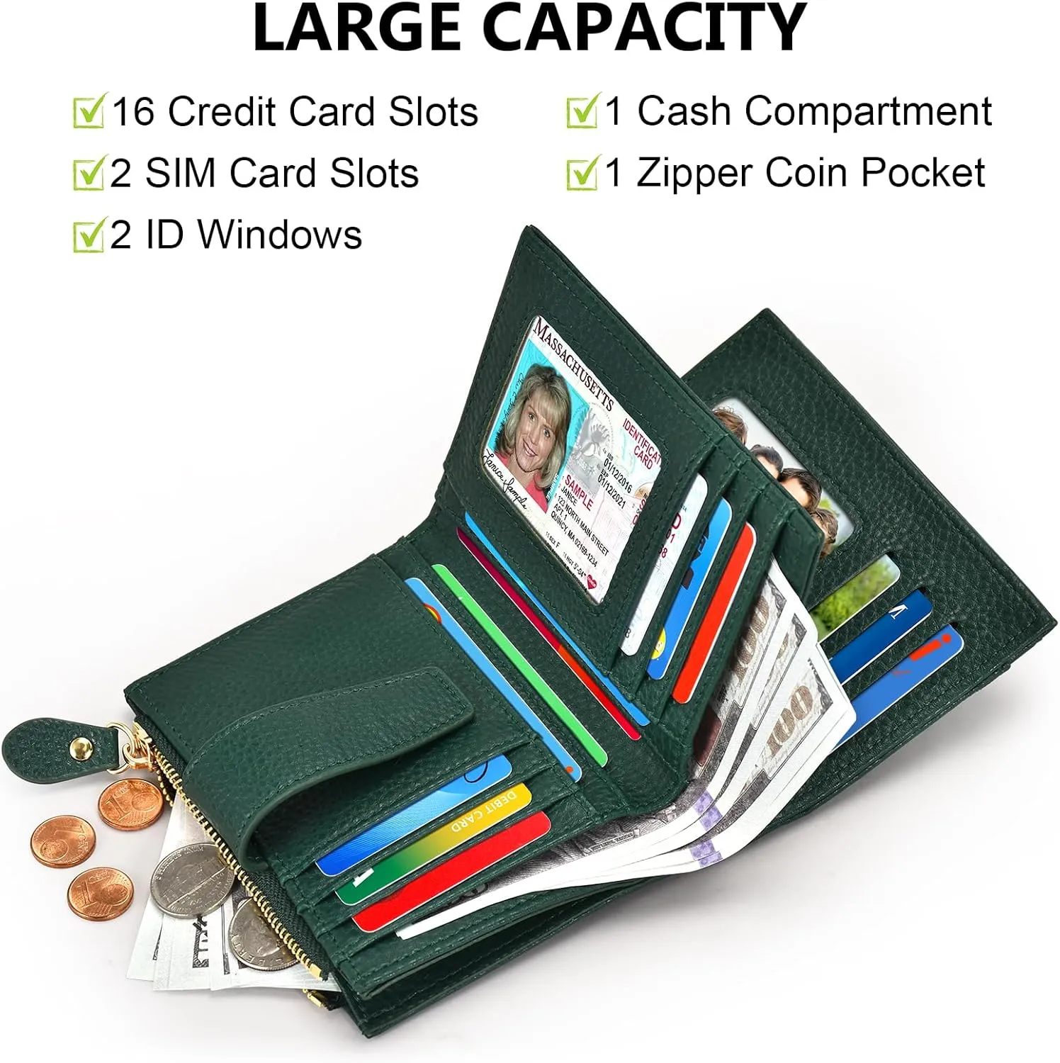 oscaurt Small Wallet Women RFID Blocking Bifold Compact Credit Card Holder Leather Wallets for Women with Zipper Coin Pocket and 2 ID Window (Deep Green)