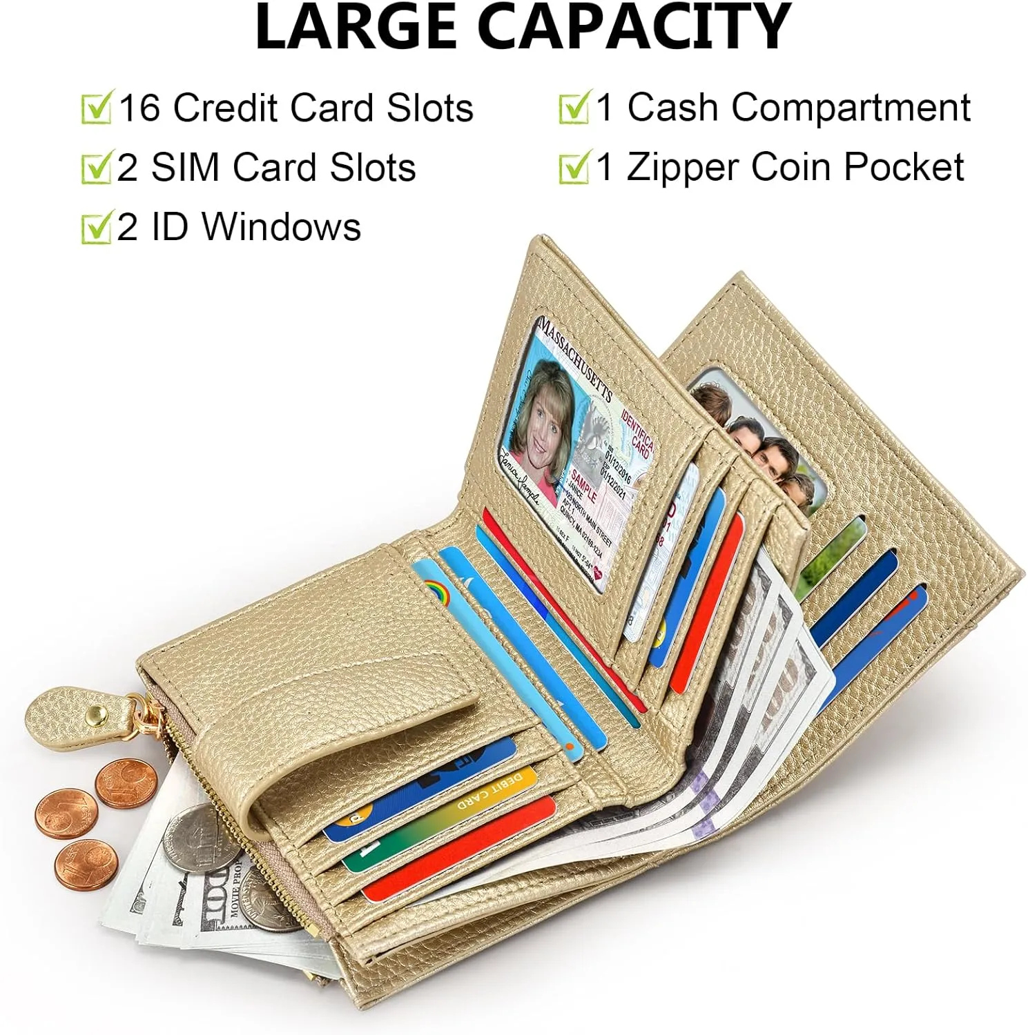 oscaurt Small Wallet Women RFID Blocking Bifold Compact Credit Card Holder Leather Wallets for Women with Zipper Coin Pocket and 2 ID Window (Gold)