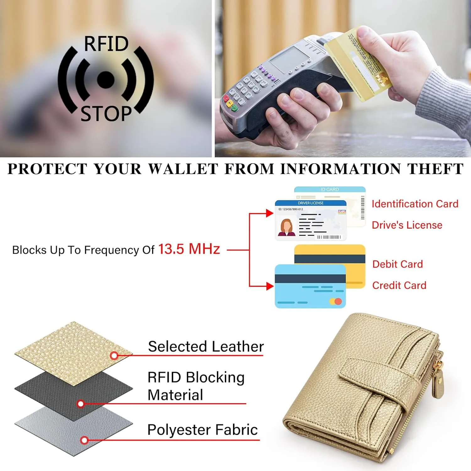 oscaurt Small Wallet Women RFID Blocking Bifold Compact Credit Card Holder Leather Wallets for Women with Zipper Coin Pocket and 2 ID Window (Gold)