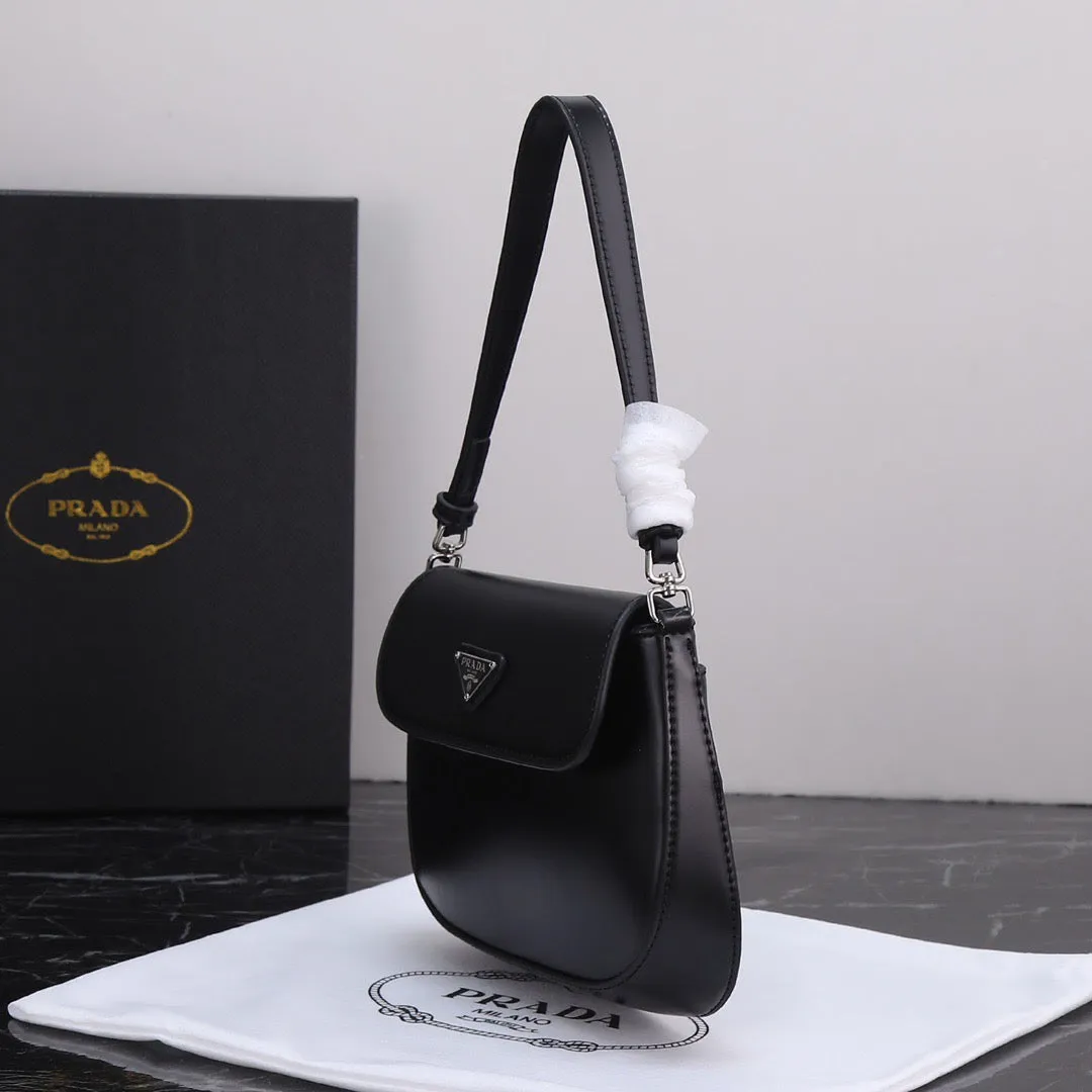 PD230  Prada Cleo Brushed Leather Shoulder Bag with Flap / 6.1x1.6x8.6inch