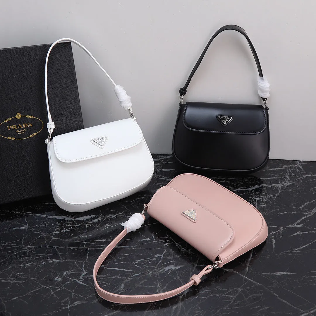 PD230  Prada Cleo Brushed Leather Shoulder Bag with Flap / 6.1x1.6x8.6inch