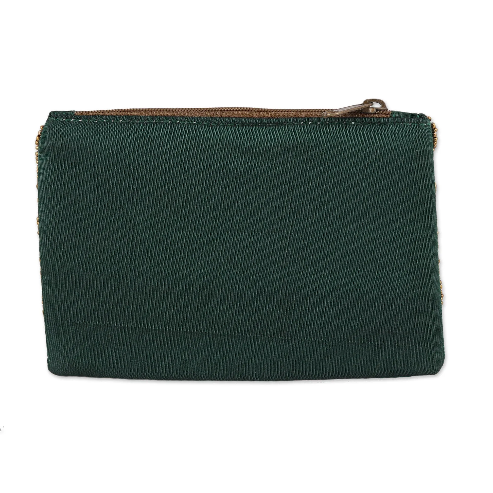 Pine Green Cotton and Silk Clutch with Leaf Motif Beading - Enchanting | NOVICA