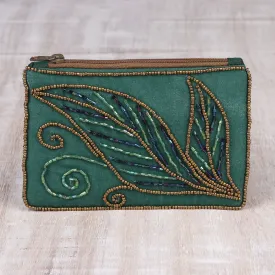 Pine Green Cotton and Silk Clutch with Leaf Motif Beading - Enchanting | NOVICA