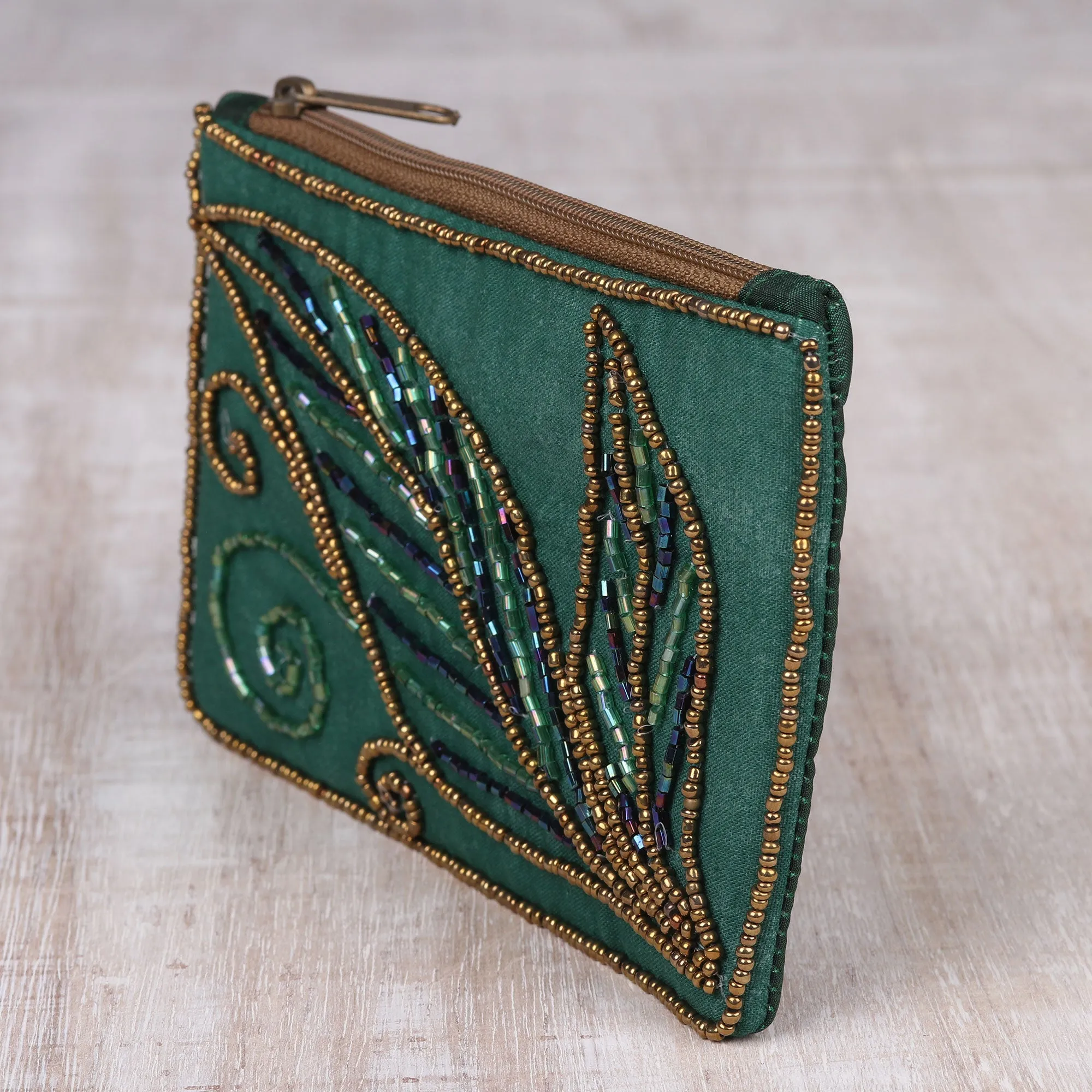 Pine Green Cotton and Silk Clutch with Leaf Motif Beading - Enchanting | NOVICA