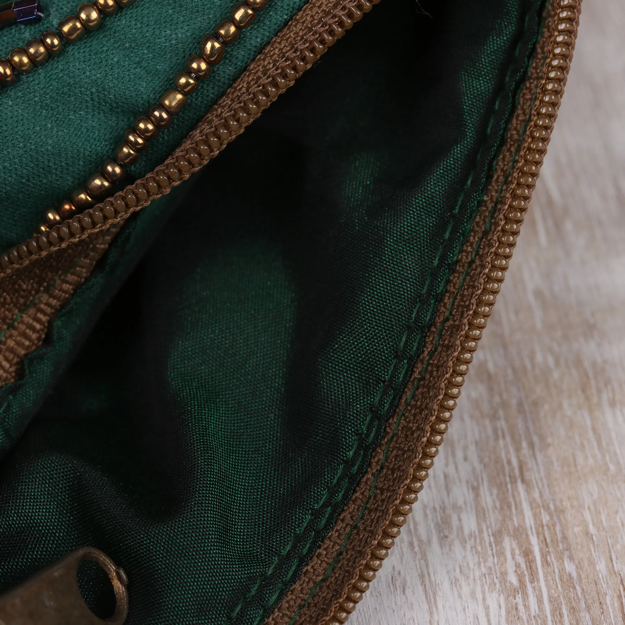 Pine Green Cotton and Silk Clutch with Leaf Motif Beading - Enchanting | NOVICA