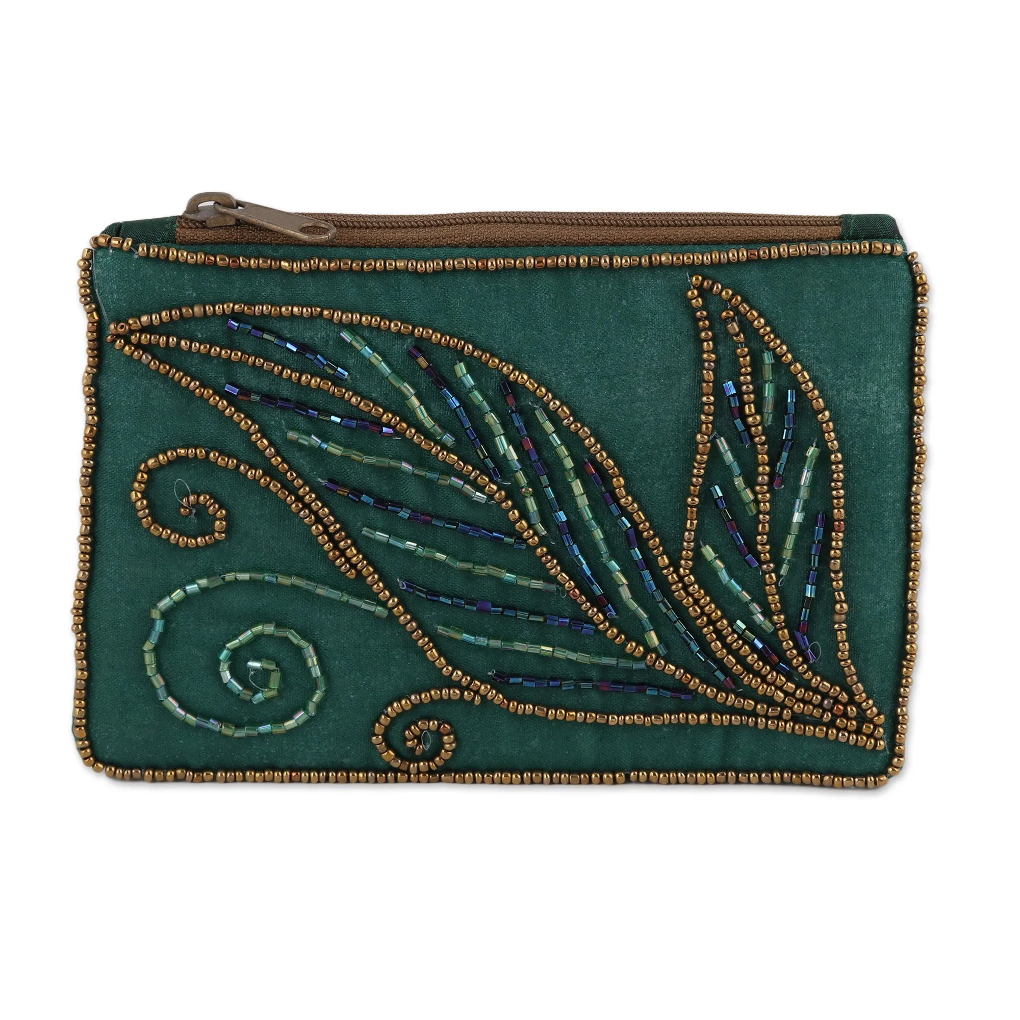 Pine Green Cotton and Silk Clutch with Leaf Motif Beading - Enchanting | NOVICA