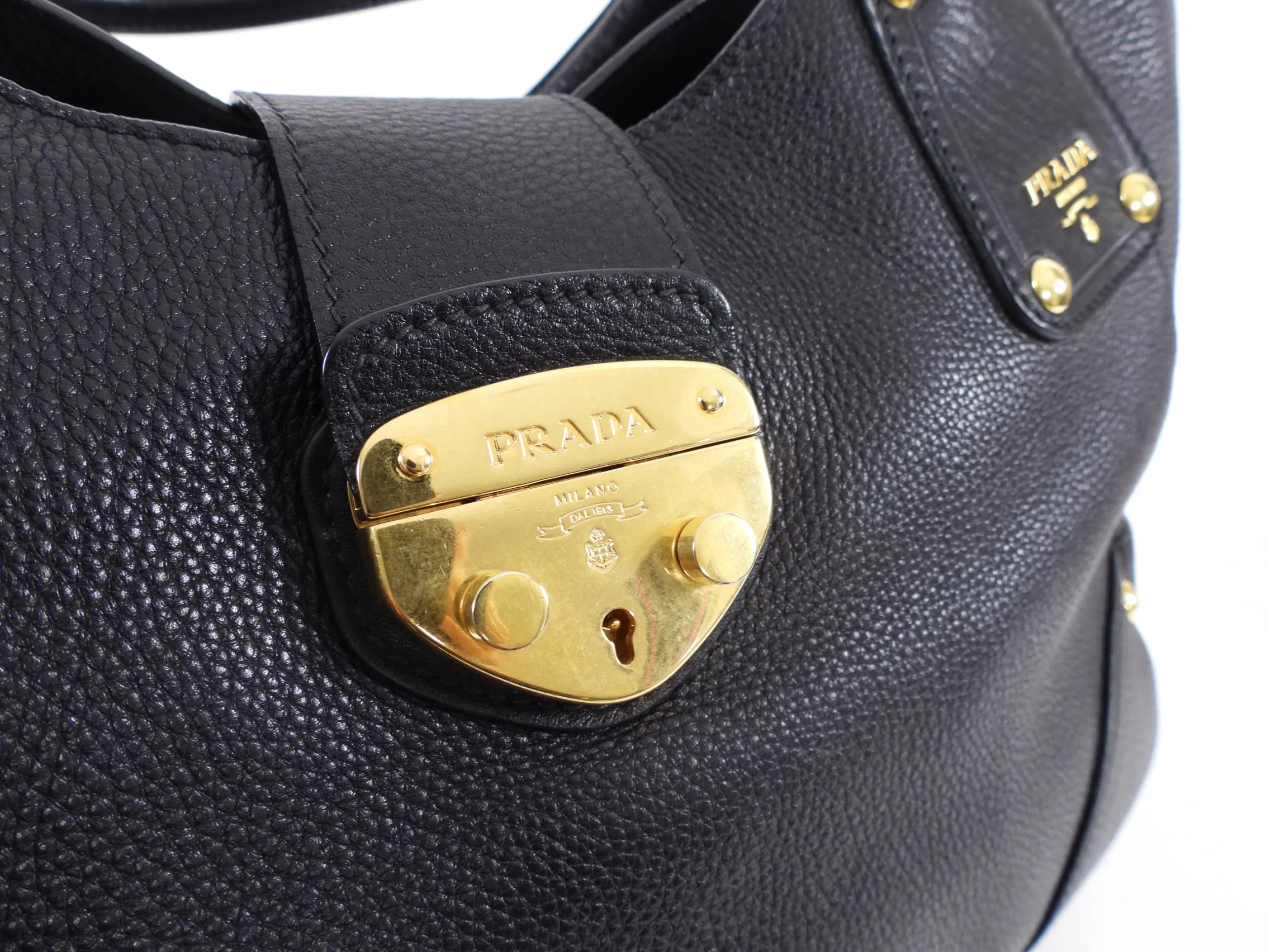 Prada Black Vitello Daino Leather Push Lock Large Antic Hobo Bag
