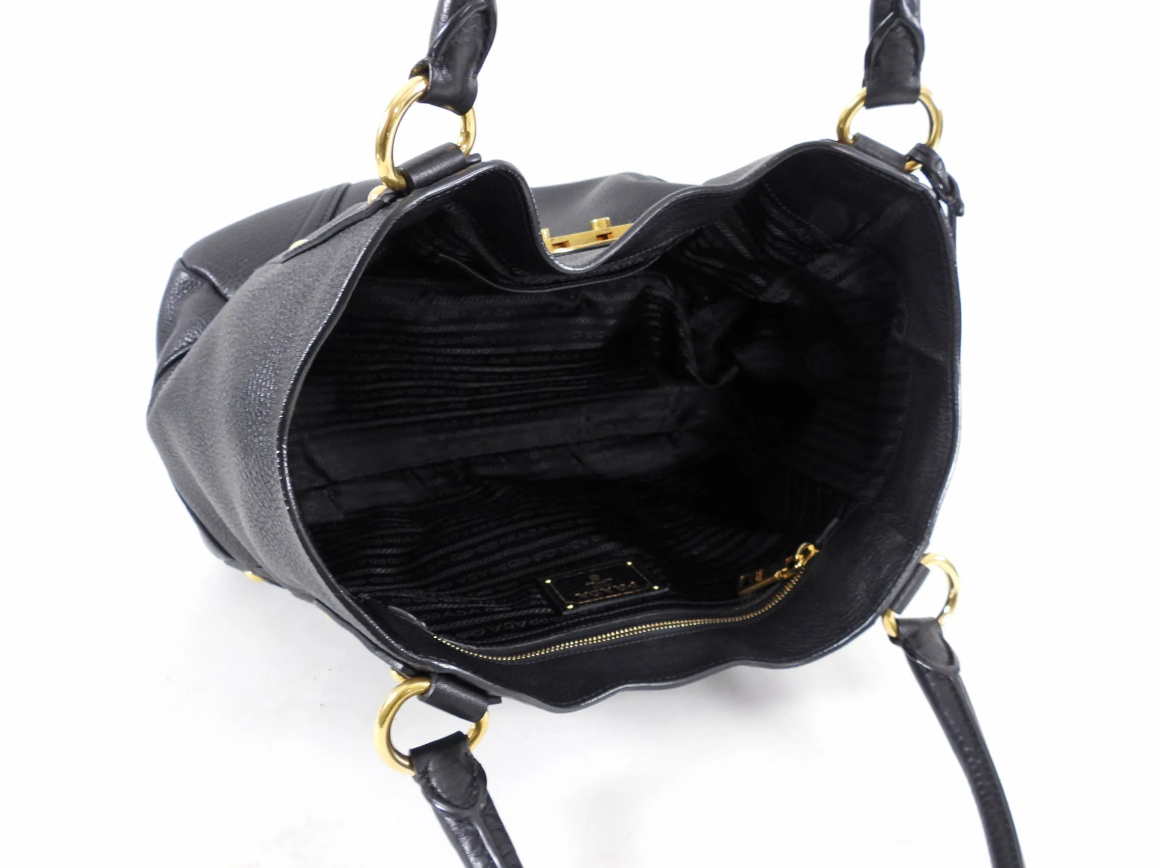 Prada Black Vitello Daino Leather Push Lock Large Antic Hobo Bag