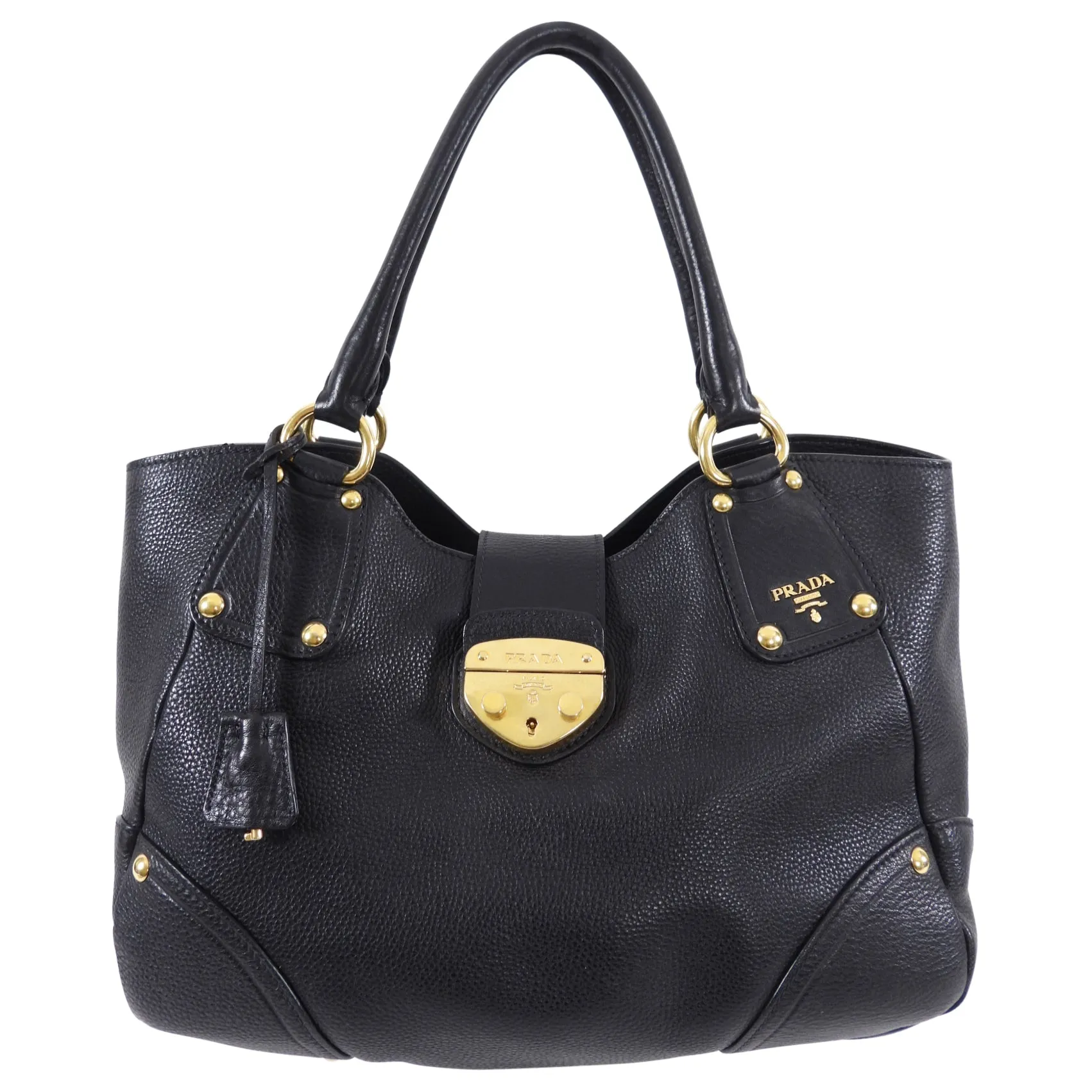 Prada Black Vitello Daino Leather Push Lock Large Antic Hobo Bag