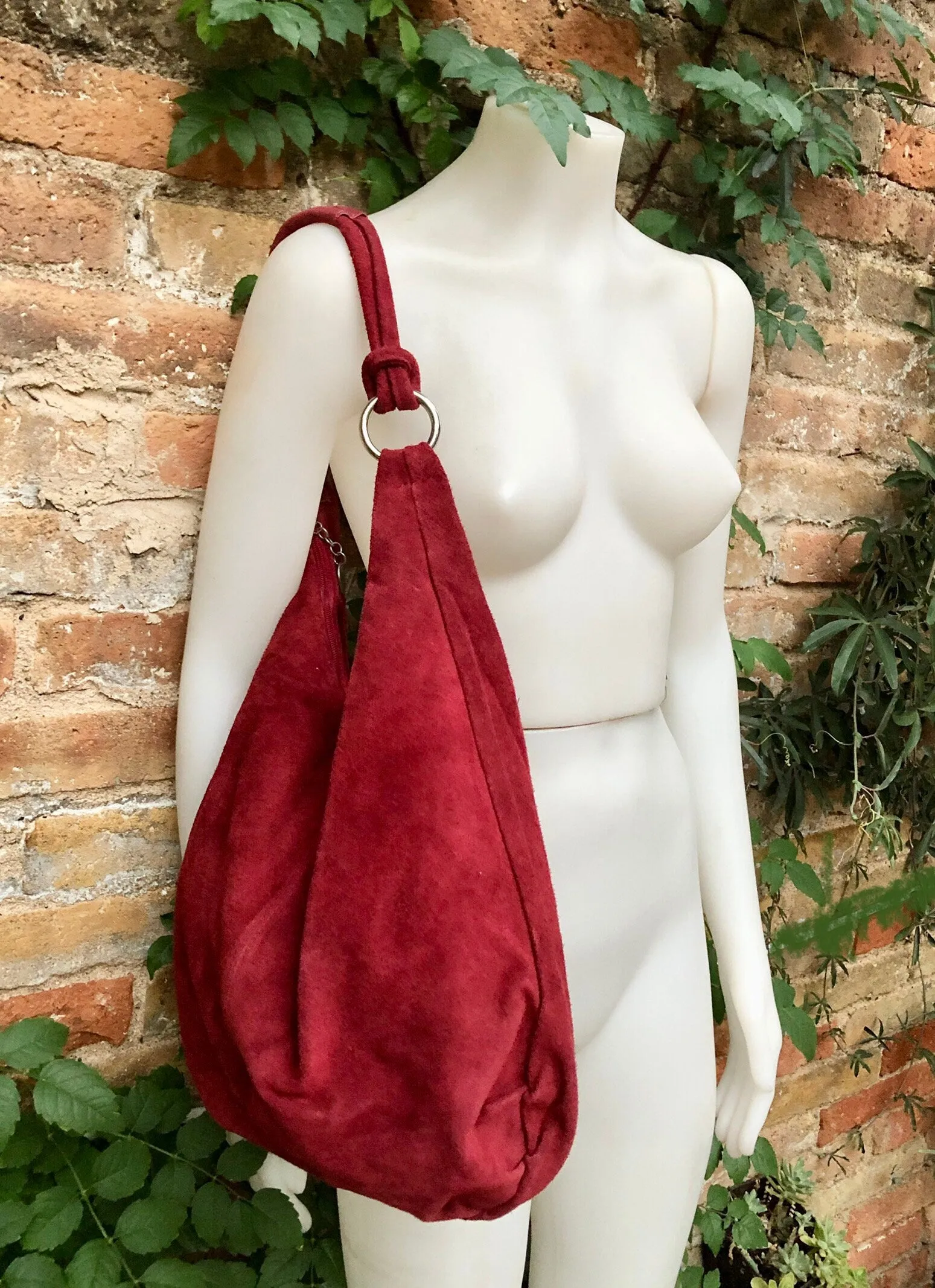 RED suede slouchy bag with ZIPPER   lining. Soft natural suede shopper, genuine leather bag. RED S suede purse .Hobo suede bag