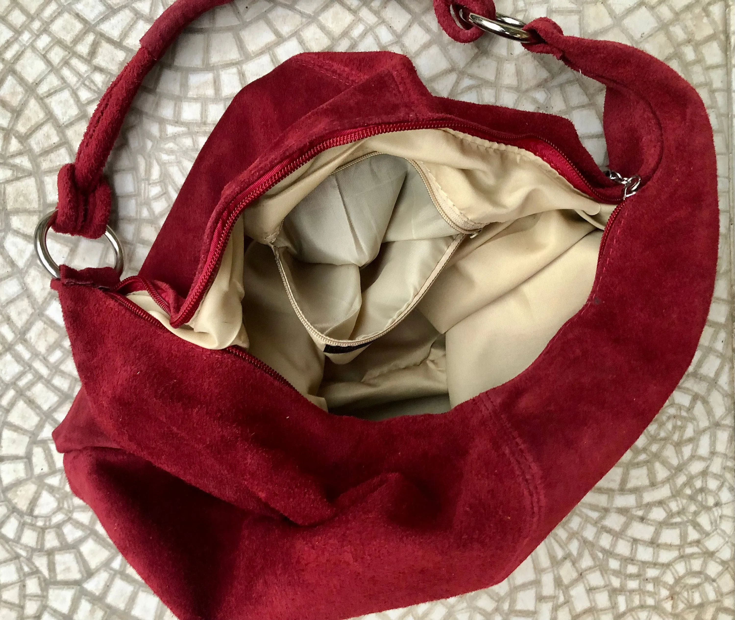 RED suede slouchy bag with ZIPPER   lining. Soft natural suede shopper, genuine leather bag. RED S suede purse .Hobo suede bag