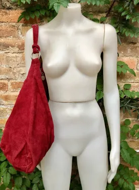 RED suede slouchy bag with ZIPPER   lining. Soft natural suede shopper, genuine leather bag. RED S suede purse .Hobo suede bag