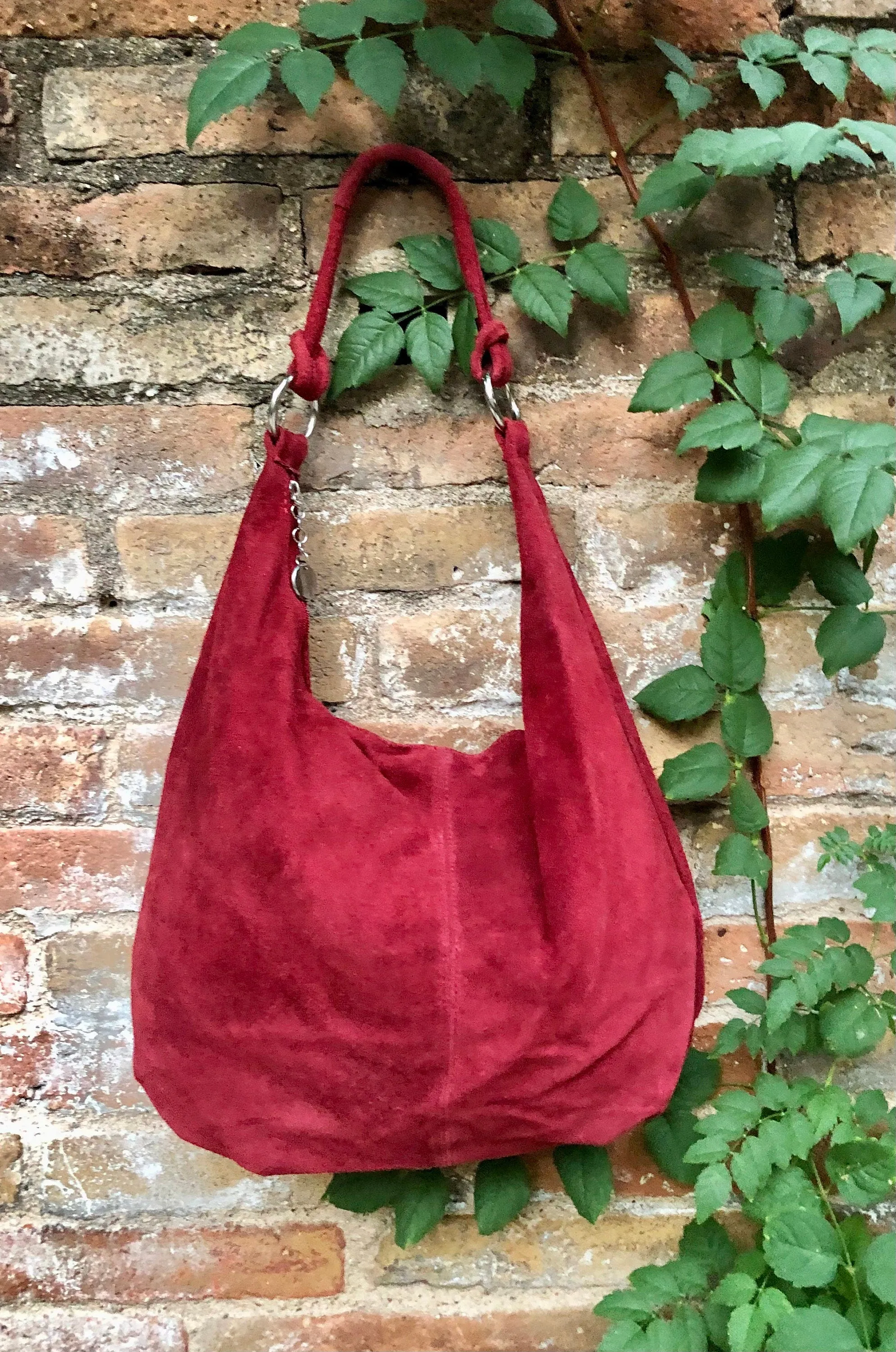 RED suede slouchy bag with ZIPPER   lining. Soft natural suede shopper, genuine leather bag. RED S suede purse .Hobo suede bag
