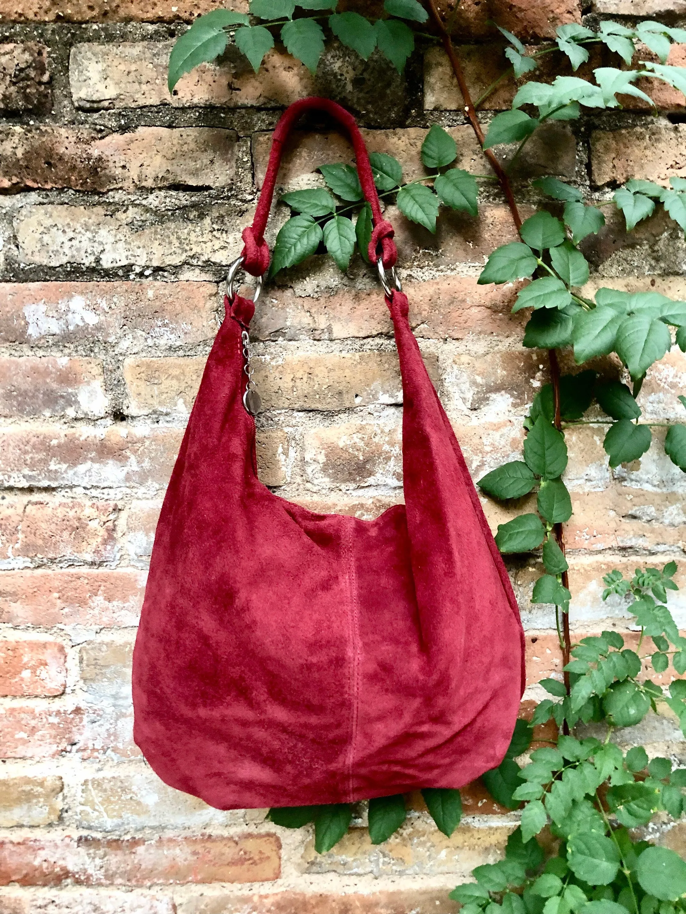 RED suede slouchy bag with ZIPPER   lining. Soft natural suede shopper, genuine leather bag. RED S suede purse .Hobo suede bag
