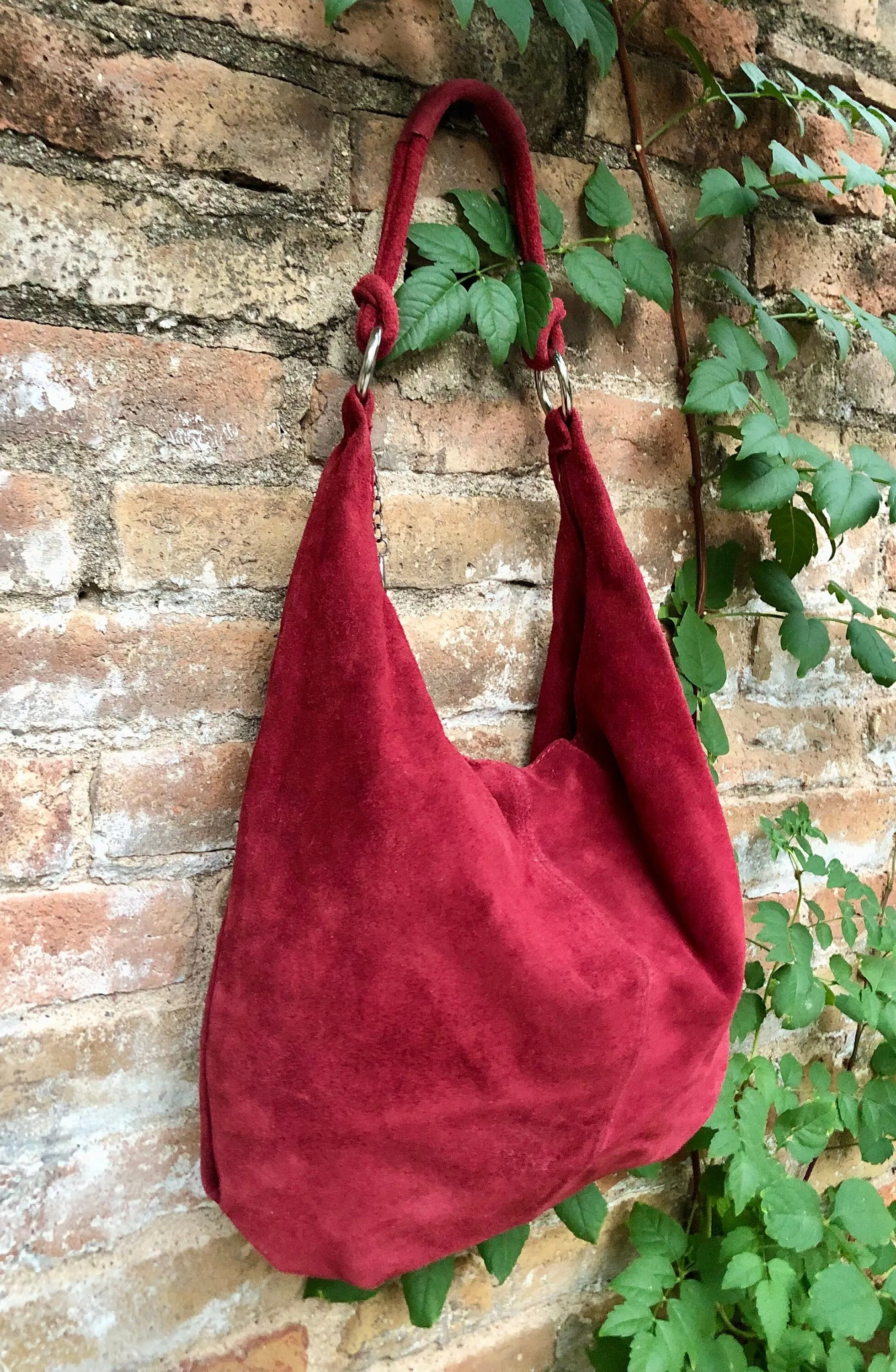 RED suede slouchy bag with ZIPPER   lining. Soft natural suede shopper, genuine leather bag. RED S suede purse .Hobo suede bag